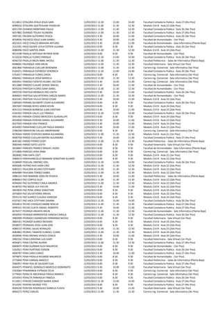 4114812   OTALORA AYALA JESUS SAIN                12/03/2013 12.30   13.00   14.00   Facultad Contaduria Publica - Aula 27 (4to Piso)
4090632   OTALORA QUETEHUARI YHOSELIN             12/03/2013 11.00   11.30   12.30   Modulo 214 B - Aula 23 (2do Piso)
4051709   OVANDO MONTANO PAULA                    12/03/2013 11.00   11.30   12.30   Facultad Contaduria Publica - Aula 26 (3er Piso)
4057882   OVANDO TOLAVI ALONDRA                   12/03/2013 11.00   11.30   12.30   Facultad Contaduria Publica - Aula 27 (4to Piso)
3997181   PACARA GUTIERREZ YESICA                 12/03/2013 9.30    10.00   11.00   Facultad Contaduria Publica - Aula 26 (3er Piso)
4018936   PACHECO SOLIZ JUAN DANIEL               12/03/2013 9.30    10.00   11.00   Facultad de Humanidades - (1er Piso)
4021631   PACO CHALCO BRAHIAN ARTURO              12/03/2013 9.30    10.00   11.00   Facultad de Humanidades - Sala Informatica (Planta Baja)
3152391   PACO QUISPE LEYLA ESTHER JULIANA        12/03/2013 8.00    8.30    9.30    Facultad Contaduria Publica - Aula 26 (3er Piso)
4080496   PACO SANTOS IRMA                        12/03/2013 11.00   11.30   12.30   Modulo 214 B - Aula 24 (2do Piso)
4013198   PADILLA ARTEAGA REYMER RENE             12/03/2013 8.00    8.30    9.30    Facultad de Humanidades - (1er Piso)
4110234   PADILLA FLORES ENRIQUE                  12/03/2013 12.30   13.00   14.00   Facultad Contaduria Publica - Aula 26 (3er Piso)
4046720   PADILLA MEZA ABRIL NICOLE               12/03/2013 11.00   11.30   12.30   Facultad Politecnica - Salas de Informatica (Planta Baja)
4098065   PALENQUE AIRA ARLIN                     12/03/2013 11.00   11.30   12.30   Facultad Veterinaria - Sala Virtual (1er Piso)
4061866   PANIAGUA CUELLAR BERGMAN                12/03/2013 11.00   11.30   12.30   Carrera Ing. Comercial - Sala informatica (3er Piso)
4104251   PANIAGUA ESPINOZA VERONICA              12/03/2013 12.30   13.00   14.00   Facultad Contaduria Publica - Aula 26 (3er Piso)
3763017   PANIAGUA FLORES ZAIDA                   12/03/2013 8.00    8.30    9.30    Carrera Ing. Comercial - Sala informatica (3er Piso)
4060461   PANIAGUA VEGA MARIELA                   12/03/2013 11.00   11.30   12.30   Carrera Ing. Comercial - Sala informatica (3er Piso)
4003931   PANOSO FUENTES RUSBEL HECTOR            12/03/2013 9.30    10.00   11.00   Carrera Ing. Comercial - Sala informatica (3er Piso)
4011880   PANOZO CLAURE DENISE MACIEL             12/03/2013 9.30    10.00   11.00   Facultad de Humanidades - (1er Piso)
4070256   PANTOJA FLORES GINA ISABEL              12/03/2013 11.00   11.30   12.30   Facultad de Humanidades - (1er Piso)
3993734   PANTOJA MORALES IRIS LISETH             12/03/2013 9.30    10.00   11.00   Facultad Contaduria Publica - Aula 26 (3er Piso)
4069655   PANTOJA SALVATIERRA CARLOS MARIO        12/03/2013 11.00   11.30   12.30   Facultad de Humanidades - (1er Piso)
4025341   PANTOJA VILELO DIEGO CESAR              12/03/2013 9.30    10.00   11.00   Modulo 214 B - Aula 24 (2do Piso)
3385064   PARABA QUISBERT CESAR ALEJANDRO         12/03/2013 8.00    8.30    9.30    Facultad Contaduria Publica - Aula 26 (3er Piso)
3947007   PARABA REYES HEBER KEVIN                12/03/2013 8.00    8.30    9.30    Modulo 214 B - Aula 24 (2do Piso)
4031233   PARADA BURBEGA JUAN CRISTIAN            12/03/2013 9.30    10.00   11.00   Modulo 214 B - Aula 23 (2do Piso)
4104363   PARADA CALLE LUZ FABIOLA                12/03/2013 12.30   13.00   14.00   Facultad Contaduria Publica - Aula 26 (3er Piso)
3941401   PARADA COSSIO MERCEDES GUADALUPE        12/03/2013 8.00    8.30    9.30    Modulo 214 B - Aula 24 (2do Piso)
4032830   PARADA PEREIRA DANIEL ALEJANDRO         12/03/2013 9.30    10.00   11.00   Modulo 214 B - Aula 23 (2do Piso)
4027929   PARADA YAVI FRANCO                      12/03/2013 9.30    10.00   11.00   Modulo 214 B - Aula 24 (2do Piso)
4034993   PARAPAINO CUELLAR PAOLA ANDREA          12/03/2013 9.30    10.00   11.00   Modulo 214 B - Aula 23 (2do Piso)
3786248   PARAVICINI CALLAU ANDRENAINE            12/03/2013 8.00    8.30    9.30    Carrera Ing. Comercial - Sala informatica (3er Piso)
4078364   PARDO CESPEDES MARIA ALEJANDRA          12/03/2013 11.00   11.30   12.30   Modulo 214 B - Aula 21 (1er Piso)
4000758   PARDO CUELLAR MAYRA ALEJANDRA           12/03/2013 9.30    10.00   11.00   Facultad Contaduria Publica - Aula 27 (4to Piso)
4045382   PARDO FIERRO CEIDY                      12/03/2013 11.00   11.30   12.30   Facultad Politecnica - Salas de Informatica (Planta Baja)
3982446   PARDO SOTO LICETH                       12/03/2013 8.00    8.30    9.30    Facultad Veterinaria - Sala Virtual (1er Piso)
3818847   PAREDES FRANCO MIGUEL HUGO              12/03/2013 8.00    8.30    9.30    Facultad de Humanidades - Sala Informatica (Planta Baja)
3753800   PAREDES VERA IRMA                       12/03/2013 8.00    8.30    9.30    Carrera Ing. Comercial - Sala informatica (3er Piso)
3828082   PARI KAPA LISET                         12/03/2013 8.00    8.30    9.30    Modulo 214 B - Aula 21 (1er Piso)
3980619   PARIHUANCOLLO MAMANI SEBASTIAN ALVARO   12/03/2013 8.00    8.30    9.30    Modulo 214 B - Aula 22 (2do Piso)
4108409   PASCUAL JIMENEZ JOEL                    12/03/2013 12.30   13.00   14.00   Facultad Contaduria Publica - Aula 26 (3er Piso)
4095606   PATINO AVIS JHON CIRO                   12/03/2013 11.00   11.30   12.30   Modulo 214 B - Aula 22 (2do Piso)
4085521   PAUCARA ACUNA ESTEFANNY                 12/03/2013 11.00   11.30   12.30   Modulo 214 B - Aula 23 (2do Piso)
4094989   PAUCARA TORREZ ISABEL                   12/03/2013 11.00   11.30   12.30   Modulo 214 B - Aula 22 (2do Piso)
3986154   PAXI MAMANI JOSELYN YESSICA             12/03/2013 9.30    10.00   11.00   Facultad Politecnica - Salas de Informatica (Planta Baja)
4086843   PAZ CORPUS ALEX                         12/03/2013 11.00   11.30   12.30   Modulo 214 B - Aula 23 (2do Piso)
4094044   PAZ GUTIERREZ CARLA ANDREA              12/03/2013 11.00   11.30   12.30   Modulo 214 B - Aula 22 (2do Piso)
4038703   PAZ MOZA LILY EVELYN                    12/03/2013 9.30    10.00   11.00   Modulo 214 B - Aula 22 (2do Piso)
3843839   PAZ PENA JORGE SEBASTIAN                12/03/2013 8.00    8.30    9.30    Modulo 214 B - Aula 24 (2do Piso)
3976859   PAZ SALVATIERRA ANIVAL                  12/03/2013 8.00    8.30    9.30    Modulo 214 B - Aula 22 (2do Piso)
3935116   PAZ SUAREZ CLAUDIA VANESSA              12/03/2013 8.00    8.30    9.30    Modulo 214 B - Aula 24 (2do Piso)
4107427   PAZ VACA STEFFANY DAIANA                12/03/2013 12.30   13.00   14.00   Facultad Contaduria Publica - Aula 26 (3er Piso)
4054814   PECHO CHOQUECHAMBI NOELIA               12/03/2013 11.00   11.30   12.30   Facultad Contaduria Publica - Aula 27 (4to Piso)
3999101   PECHO CUATA ISMAEL ROBERTO              12/03/2013 9.30    10.00   11.00   Facultad Contaduria Publica - Aula 27 (4to Piso)
4076477   PEDRAZA ARDAYA ARCIN                    12/03/2013 11.00   11.30   12.30   Facultad de Humanidades - Sala Informatica (Planta Baja)
4050934   PEDRAZA BARRIENTOS VANESA CAROLA        12/03/2013 11.00   11.30   12.30   Facultad Contaduria Publica - Aula 26 (3er Piso)
3982009   PEDRAZA CASANOVAS FERNANDA NICOLE       12/03/2013 8.00    8.30    9.30    Facultad Veterinaria - Sala Virtual (1er Piso)
3864161   PEDRAZA SUAREZ RICHARD                  12/03/2013 8.00    8.30    9.30    Modulo 214 B - Aula 24 (2do Piso)
3938072   PEDRAZAS VEGA JUAN JOSE                 12/03/2013 8.00    8.30    9.30    Modulo 214 B - Aula 24 (2do Piso)
4089132   PEDRIEL SALAS REINALDO                  12/03/2013 11.00   11.30   12.30   Modulo 214 B - Aula 23 (2do Piso)
4083862   PEDRIEL TAMAYO EUNISES CLARA            12/03/2013 11.00   11.30   12.30   Modulo 214 B - Aula 24 (2do Piso)
4028946   PENA ARENAS VIENCA CENICA               12/03/2013 9.30    10.00   11.00   Modulo 214 B - Aula 24 (2do Piso)
3982162   PENA CARDONA LUIS GARY                  12/03/2013 8.00    8.30    9.30    Facultad Veterinaria - Sala Virtual (1er Piso)
4056871   PENA CASTRO ALDRIN                      12/03/2013 11.00   11.30   12.30   Facultad Contaduria Publica - Aula 27 (4to Piso)
4069075   PENA GUZMAN ALEX MAURICIO               12/03/2013 8.00    8.30    9.30    Facultad de Humanidades - (1er Piso)
3102921   PENA HURTADO EDISON                     12/03/2013 8.00    8.30    9.30    Facultad Contaduria Publica - Aula 26 (3er Piso)
4000787   PENA LARA EUNICE                        12/03/2013 9.30    10.00   11.00   Facultad Contaduria Publica - Aula 27 (4to Piso)
3979875   PENA PADILLA RICARDO MAURICIO           12/03/2013 8.00    8.30    9.30    Facultad de Humanidades - (1er Piso)
2775840   PENA VARGAS ARACELY                     12/03/2013 8.00    8.30    9.30    Facultad Politecnica - Salas de Informatica (Planta Baja)
3586957   PENA VDA DE SALAZAR ELSA                12/03/2013 8.00    8.30    9.30    Facultad Contaduria Publica - Aula 27 (4to Piso)
4044075   PENAFIEL GONZALES MARCELO HONORATO      12/03/2013 9.30    10.00   11.00   Facultad Veterinaria - Sala Virtual (1er Piso)
3762064   PENARANDA ESTRADA CELIA                 12/03/2013 8.00    8.30    9.30    Carrera Ing. Comercial - Sala informatica (3er Piso)
3779403   PERALTA ARCIENEGA PAOLA ANDREA          12/03/2013 8.00    8.30    9.30    Carrera Ing. Comercial - Sala informatica (3er Piso)
3354543   PERALTA PANIAGUA FABIOLA                12/03/2013 8.00    8.30    9.30    Facultad Contaduria Publica - Aula 26 (3er Piso)
4110911   PEREDO CARDOZO MARIA SONIA              12/03/2013 12.30   13.00   14.00   Facultad Contaduria Publica - Aula 27 (4to Piso)
3514291   PEREIRA MUNOZ TITO                      12/03/2013 8.00    8.30    9.30    Facultad Contaduria Publica - Aula 27 (4to Piso)
4044230   PEREYRA RODRIGUEZ DANIELA FLAVIA        12/03/2013 9.30    10.00   11.00   Facultad Veterinaria - Sala Virtual (1er Piso)
4064273   PEREZ CARLOS                            12/03/2013 11.00   11.30   12.30   Carrera Ing. Comercial - Sala informatica (3er Piso)
 