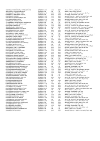 4092105   VILLAVICENCIO LEIGUE CARLOS GERARDO   12/03/2013 11.00   11.30   12.30   Modulo 214 B - Aula 22 (2do Piso)
3844230   VILLCA COLQUE JUAN CARLOS             12/03/2013 8.00    8.30    9.30    Modulo 214 B - Aula 24 (2do Piso)
4116061   VILLCA PATTY OMAR LINDER              12/03/2013 12.30   13.00   14.00   Carrera Ing. Comercial - Sala informatica (3er Piso)
4018304   VILLCA PEREZ MARIA CRISTINA           12/03/2013 9.30    10.00   11.00   Facultad de Humanidades - (1er Piso)
4046393   VILLCA RODRIGO                        12/03/2013 11.00   11.30   12.30   Facultad Politecnica - Salas de Informatica (Planta Baja)
4058373   VILLEGAS SERRUDO ROSA LINDA           12/03/2013 11.00   11.30   12.30   Facultad Contaduria Publica - Aula 27 (4to Piso)
4112233   VILLEGAS SILES OLIVIA                 12/03/2013 12.30   13.00   14.00   Facultad Contaduria Publica - Aula 27 (4to Piso)
4074797   VILLTE MAMANI JAVIER                  12/03/2013 11.00   11.30   12.30   Facultad de Humanidades - (1er Piso)
3723696   VIRACOCHEA BATALLANOS SAIDA ALISON    12/03/2013 8.00    8.30    9.30    Carrera Ing. Comercial - Sala informatica (3er Piso)
4024902   VIRHUEZ MUJICA GIOVANA LIZET          12/03/2013 9.30    10.00   11.00   Modulo 214 B - Aula 21 (1er Piso)
4060163   VIRIS COPA SHIRLEY                    12/03/2013 11.00   11.30   12.30   Carrera Ing. Comercial - Sala informatica (3er Piso)
4020382   VIRNACHA RODAS ELINOR                 12/03/2013 9.30    10.00   11.00   Facultad de Humanidades - Sala Informatica (Planta Baja)
3708099   VIRUEZ ARAMAYO LUIS CARLOS            12/03/2013 8.00    8.30    9.30    Carrera Ing. Comercial - Sala informatica (3er Piso)
4002579   VIRUEZ KRISTHIAN BRAJHAN              12/03/2013 9.30    10.00   11.00   Carrera Ing. Comercial - Sala informatica (3er Piso)
4054984   VITUA SEGUNDO VICTORIA                12/03/2013 11.00   11.30   12.30   Facultad Contaduria Publica - Aula 27 (4to Piso)
3982972   VIVEROS GOMEZ MAURICIO                12/03/2013 8.00    8.30    9.30    Facultad Veterinaria - Sala Virtual (1er Piso)
4076715   VIVEROS SOLIZ MILTON FERNANDO         12/03/2013 11.00   11.30   12.30   Facultad de Humanidades - Sala Informatica (Planta Baja)
3699785   VIZA CONDORI ROBERT                   12/03/2013 8.00    8.30    9.30    Carrera Ing. Comercial - Sala informatica (3er Piso)
3977847   VON TENSEN CALANCHA CLAUDIA ANDREA    12/03/2013 8.00    8.30    9.30    Modulo 214 B - Aula 22 (2do Piso)
4059059   YABETA ARCE JUAN CARLOS               12/03/2013 11.00   11.30   12.30   Facultad Contaduria Publica - Aula 27 (4to Piso)
2017571   YABETA RODRIGUEZ YNGRID               12/03/2013 8.00    8.30    9.30    Facultad Politecnica - Salas de Informatica (Planta Baja)
4015435   YAIBONA ZANABRIA JOSE ARMANDO         12/03/2013 9.30    10.00   11.00   Facultad de Humanidades - (1er Piso)
3377679   YALE MENDEZ BERTHA                    12/03/2013 8.00    8.30    9.30    Facultad Contaduria Publica - Aula 26 (3er Piso)
4020608   YAMPARA DUENAS NESTOR                 12/03/2013 9.30    10.00   11.00   Facultad de Humanidades - Sala Informatica (Planta Baja)
3995911   YANEZ GARCIA JORGE GABRIEL            12/03/2013 9.30    10.00   11.00   Facultad Contaduria Publica - Aula 26 (3er Piso)
4041987   YEPEZ MOLINA ARCIL                    12/03/2013 9.30    10.00   11.00   Modulo 214 B - Aula 22 (2do Piso)
4054180   YOVIO CUELLAR JULIO CESAR             12/03/2013 11.00   11.30   12.30   Facultad Contaduria Publica - Aula 26 (3er Piso)
4091057   YPAMO PENA ANA PAOLA                  12/03/2013 11.00   11.30   12.30   Modulo 214 B - Aula 22 (2do Piso)
4010610   YUCRA ZARATE JUAN CARLOS              12/03/2013 9.30    10.00   11.00   Facultad de Humanidades - (1er Piso)
4080800   YUJRA SAUCEDO JACKELINE               12/03/2013 11.00   11.30   12.30   Modulo 214 B - Aula 24 (2do Piso)
3986697   YUPANQUI PACARA MARIA JULIETA         12/03/2013 9.30    10.00   11.00   Facultad Politecnica - Salas de Informatica (Planta Baja)
3983011   YURQUINA CUYABANO LUIS ALFREDO        12/03/2013 8.00    8.30    9.30    Facultad Veterinaria - Sala Virtual (1er Piso)
4059065   ZABALA VILLAGOMEZ MARIOLI             12/03/2013 11.00   11.30   12.30   Facultad Contaduria Publica - Aula 27 (4to Piso)
3938899   ZABALETA GUILLEN PAMELA               12/03/2013 8.00    8.30    9.30    Modulo 214 B - Aula 24 (2do Piso)
4043741   ZACARI LOPEZ ABIGAIL                  12/03/2013 9.30    10.00   11.00   Facultad Veterinaria - Sala Virtual (1er Piso)
3977959   ZACONETA TICONA LEONARDO AGUSTIN      12/03/2013 8.00    8.30    9.30    Modulo 214 B - Aula 22 (2do Piso)
4080616   ZAMBRANA ARANCIBIA JORGE LUIS         12/03/2013 8.00    8.30    9.30    Facultad de Humanidades - (1er Piso)
4078507   ZAMBRANA GABRIEL ALEJANDRO            12/03/2013 11.00   11.30   12.30   Modulo 214 B - Aula 21 (1er Piso)
4063813   ZAMBRANA MENACHO DANIEL               12/03/2013 11.00   11.30   12.30   Carrera Ing. Comercial - Sala informatica (3er Piso)
4055386   ZAMORA BALDIVIEZO MARIA ISABEL        12/03/2013 11.00   11.30   12.30   Facultad Contaduria Publica - Aula 27 (4to Piso)
4071451   ZANKY CALLAU MARIA FERNANDA           12/03/2013 11.00   11.30   12.30   Facultad de Humanidades - (1er Piso)
3828231   ZAPATA FLORES JOSE WILLIAMS           12/03/2013 8.00    8.30    9.30    Modulo 214 B - Aula 21 (1er Piso)
3983380   ZAPATA MENDOZA MARTHA CATY            12/03/2013 8.00    8.30    9.30    Facultad Veterinaria - Sala Virtual (1er Piso)
4008725   ZAPATA VILLARROEL JOHN NIKY           12/03/2013 9.30    10.00   11.00   Carrera Ing. Comercial - Sala informatica (3er Piso)
3230686   ZARATE CONDORI SULMA                  12/03/2013 8.00    8.30    9.30    Facultad Contaduria Publica - Aula 26 (3er Piso)
4031569   ZARATE GARCIA JOSELIN                 12/03/2013 9.30    10.00   11.00   Modulo 214 B - Aula 23 (2do Piso)
3963532   ZARATE ROMERO NELLY                   12/03/2013 8.00    8.30    9.30    Modulo 214 B - Aula 23 (2do Piso)
4108007   ZARATE SALBA MARLENE                  12/03/2013 12.30   13.00   14.00   Facultad Contaduria Publica - Aula 26 (3er Piso)
4062423   ZARATE SARABIA LINDA JACKELINE        12/03/2013 11.00   11.30   12.30   Carrera Ing. Comercial - Sala informatica (3er Piso)
4114539   ZARCO SOLIZ SANDRA                    12/03/2013 12.30   13.00   14.00   Facultad Contaduria Publica - Aula 27 (4to Piso)
4101873   ZEBALLOS CHORE GINA PATRICIA          12/03/2013 12.30   13.00   14.00   Facultad Politecnica - Salas de Informatica (Planta Baja)
3828811   ZEBALLOS REYES ORTIZ LILIAN           12/03/2013 8.00    8.30    9.30    Modulo 214 B - Aula 21 (1er Piso)
4011101   ZEBALLOS RODRIGUEZ ROBERTO ARIEL      12/03/2013 9.30    10.00   11.00   Facultad de Humanidades - (1er Piso)
4001373   ZEBALLOS VARGAS JUAN CARLOS           12/03/2013 8.00    8.30    9.30    Facultad de Humanidades - (1er Piso)
4089830   ZEGARRA CALLE BRANDON                 12/03/2013 11.00   11.30   12.30   Modulo 214 B - Aula 23 (2do Piso)
4015033   ZEGARRA CHOQUE MILTON                 12/03/2013 9.30    10.00   11.00   Facultad de Humanidades - (1er Piso)
4050696   ZELAYA CUELLAR MIRTHA                 12/03/2013 11.00   11.30   12.30   Facultad Contaduria Publica - Aula 26 (3er Piso)
3776540   ZELAYA PEREZ GUISELA ARACELLY         12/03/2013 8.00    8.30    9.30    Carrera Ing. Comercial - Sala informatica (3er Piso)
4048558   ZENTENO AMPUERO JESSIKA               12/03/2013 11.00   11.30   12.30   Facultad Contaduria Publica - Aula 26 (3er Piso)
3999599   ZENTENO QUEIROLO LUIS ALFONSO         12/03/2013 9.30    10.00   11.00   Facultad Contaduria Publica - Aula 27 (4to Piso)
4074082   ZONCO ANDALUZ DANIEL                  12/03/2013 11.00   11.30   12.30   Facultad de Humanidades - (1er Piso)
4073674   ZUNA ACHA NOHEMI                      12/03/2013 11.00   11.30   12.30   Facultad de Humanidades - (1er Piso)
2858158   ZUNA CONDE EDUARDO                    12/03/2013 8.00    8.30    9.30    Facultad Contaduria Publica - Aula 26 (3er Piso)
3979303   ZURITA ENRIQUEZ MARIA NICOLS          12/03/2013 8.00    8.30    9.30    Modulo 214 B - Aula 22 (2do Piso)
3986668   ZURITA TOLA INGRID                    12/03/2013 9.30    10.00   11.00   Facultad Politecnica - Salas de Informatica (Planta Baja)
 