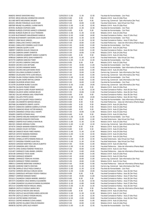 4068242   BRAVO SAAVEDRA RAUL                    12/03/2013 11.00   11.30   12.30   Facultad de Humanidades - (1er Piso)
3979591   BRESS MOLINA JHONNATAN JHAVEN          12/03/2013 8.00    8.30    9.30    Modulo 214 B - Aula 22 (2do Piso)
3611460   BRITO MELENDRES WILBER                 12/03/2013 8.00    8.30    9.30    Carrera Ing. Comercial - Sala informatica (3er Piso)
4043451   BRUNO PANIAGUA JULIO CESAR             12/03/2013 9.30    10.00   11.00   Facultad Veterinaria - Sala Virtual (1er Piso)
4087009   BRUNO VILLARROEL LILIANA MAITE         12/03/2013 11.00   11.30   12.30   Modulo 214 B - Aula 23 (2do Piso)
4070761   BURGOA CESPEDES SARA                   12/03/2013 11.00   11.30   12.30   Facultad de Humanidades - (1er Piso)
3989069   BURGOS CESPEDES MARCO LEONARDO         12/03/2013 8.00    8.30    9.30    Facultad de Humanidades - (1er Piso)
4093582   BURGOS RUBIN DE CELIS THAMARA          12/03/2013 11.00   11.30   12.30   Modulo 214 B - Aula 22 (2do Piso)
4113439   BUSTAMANTE MALDONADO DANIELA           12/03/2013 12.30   13.00   14.00   Facultad Contaduria Publica - Aula 27 (4to Piso)
4075058   BUSTAMANTE SAAVEDRA JULIO CESAR        12/03/2013 11.00   11.30   12.30   Facultad de Humanidades - (1er Piso)
4058315   CABA SALAS SAMUEL                      12/03/2013 11.00   11.30   12.30   Facultad Contaduria Publica - Aula 27 (4to Piso)
3986541   CABALLERO CHAVEZ CAROLINA              12/03/2013 9.30    10.00   11.00   Facultad Politecnica - Salas de Informatica (Planta Baja)
4016601   CABALLERO COIMBRA JULIO CESAR          12/03/2013 9.30    10.00   11.00   Facultad de Humanidades - (1er Piso)
4028797   CABEZAS QUISPE ELVER                   12/03/2013 9.30    10.00   11.00   Modulo 214 B - Aula 24 (2do Piso)
3989997   CABRERA AVALOS YAQUELIN                12/03/2013 9.30    10.00   11.00   Facultad Contaduria Publica - Aula 26 (3er Piso)
4025296   CABRERA DANNY YENNIFER                 12/03/2013 9.30    10.00   11.00   Modulo 214 B - Aula 24 (2do Piso)
3979510   CABRERA GAMBARTE MARIA ELIZABETH       12/03/2013 8.00    8.30    9.30    Modulo 214 B - Aula 22 (2do Piso)
4098160   CABRERA ORTIZ JOHN HUMBERTO            12/03/2013 11.00   11.30   12.30   Facultad Veterinaria - Sala Virtual (1er Piso)
4074774   CABRERA SANCHEZ TOMY                   12/03/2013 11.00   11.30   12.30   Facultad de Humanidades - (1er Piso)
3975707   CACERES CABRERA CAROLINA               12/03/2013 8.00    8.30    9.30    Modulo 214 B - Aula 22 (2do Piso)
4020034   CACERES COCA BETSABE                   12/03/2013 9.30    10.00   11.00   Facultad de Humanidades - (1er Piso)
4021921   CACERES MAMANI MARIA                   12/03/2013 9.30    10.00   11.00   Facultad de Humanidades - Sala Informatica (Planta Baja)
4026433   CACERES MELGAR MARIA RENE              12/03/2013 9.30    10.00   11.00   Modulo 214 B - Aula 24 (2do Piso)
4005543   CAILLOMA GUZMAN ELIZABETH              12/03/2013 9.30    10.00   11.00   Carrera Ing. Comercial - Sala informatica (3er Piso)
4009854   CALAHUANA PATZI JUAN MIGUEL            12/03/2013 9.30    10.00   11.00   Carrera Ing. Comercial - Sala informatica (3er Piso)
4075006   CALANI CHOQUE MARIA CRISTINA           12/03/2013 11.00   11.30   12.30   Facultad de Humanidades - (1er Piso)
4010314   CALANI ISIDRO MATIAS JUNIOR            12/03/2013 9.30    10.00   11.00   Carrera Ing. Comercial - Sala informatica (3er Piso)
4018600   CALDERON APAZA ERIKA                   12/03/2013 9.30    10.00   11.00   Facultad de Humanidades - (1er Piso)
4115378   CALDERON NUNEZ CLAUDIA                 12/03/2013 12.30   13.00   14.00   Carrera Ing. Comercial - Sala informatica (3er Piso)
3964796   CALISAYA PRADO YONNY                   12/03/2013 8.00    8.30    9.30    Modulo 214 B - Aula 23 (2do Piso)
4051158   CALIZAYA FLORES RUDDY MARCELO          12/03/2013 11.00   11.30   12.30   Facultad Contaduria Publica - Aula 26 (3er Piso)
3996810   CALIZAYA SORIA VARINIA BELEN           12/03/2013 9.30    10.00   11.00   Facultad Contaduria Publica - Aula 26 (3er Piso)
3381362   CALLAO ARANDIA AXEL YONATHAN           12/03/2013 8.00    8.30    9.30    Facultad Contaduria Publica - Aula 26 (3er Piso)
4108651   CALLAPA PINTO DAVID                    12/03/2013 12.30   13.00   14.00   Facultad Contaduria Publica - Aula 26 (3er Piso)
3807387   CALLATA QUISPE PAOLA DANIELA           12/03/2013 8.00    8.30    9.30    Facultad de Humanidades - Sala Informatica (Planta Baja)
2532681   CALVIMONTES MERIDA MIGUEL              12/03/2013 8.00    8.30    9.30    Facultad Politecnica - Salas de Informatica (Planta Baja)
3837448   CALVIMONTES ZARATE JUDITH              12/03/2013 8.00    8.30    9.30    Modulo 214 B - Aula 24 (2do Piso)
3963472   CAMACHO CABRERA GABRIELA ESTHER        12/03/2013 8.00    8.30    9.30    Modulo 214 B - Aula 23 (2do Piso)
3979378   CAMACHO ROJAS VICTOR MANUEL            12/03/2013 8.00    8.30    9.30    Modulo 214 B - Aula 22 (2do Piso)
4035076   CAMARGO CAYOJA SAUL VISENTE            12/03/2013 9.30    10.00   11.00   Modulo 214 B - Aula 23 (2do Piso)
3956093   CAMPOS ESTRADA RAUL                    12/03/2013 8.00    8.30    9.30    Modulo 214 B - Aula 23 (2do Piso)
4073786   CAMPOS MOLINA MARGARET IVONNE          12/03/2013 11.00   11.30   12.30   Facultad de Humanidades - (1er Piso)
4042923   CAMPOS RENGIPO CRISTHIAN               12/03/2013 9.30    10.00   11.00   Facultad Veterinaria - Sala Virtual (1er Piso)
4089623   CAMPOS RUIZ DANIELA MAYERLIN           12/03/2013 11.00   11.30   12.30   Modulo 214 B - Aula 23 (2do Piso)
4061501   CANAZA ARRIAGA FLORA                   12/03/2013 11.00   11.30   12.30   Carrera Ing. Comercial - Sala informatica (3er Piso)
3974576   CANAZA MAMANI ROBERTO CARLOS           12/03/2013 8.00    8.30    9.30    Modulo 214 B - Aula 22 (2do Piso)
3952341   CANIDO CHUVE VICTORIA                  12/03/2013 8.00    8.30    9.30    Modulo 214 B - Aula 23 (2do Piso)
4085128   CANSECO ROJAS FABIO ANDRES             12/03/2013 11.00   11.30   12.30   Modulo 214 B - Aula 24 (2do Piso)
4087529   CAPAYO MAMANI RODRIGO                  12/03/2013 11.00   11.30   12.30   Modulo 214 B - Aula 23 (2do Piso)
4030110   CAPIA CARRASCO VIVIANA                 12/03/2013 9.30    10.00   11.00   Modulo 214 B - Aula 24 (2do Piso)
4097091   CARBALLO ORTIZ ROMAN ROGELIO           12/03/2013 11.00   11.30   12.30   Facultad Veterinaria - Sala Virtual (1er Piso)
4097172   CARDONA PIZARRO ALAN PAUL              12/03/2013 11.00   11.30   12.30   Facultad Veterinaria - Sala Virtual (1er Piso)
4029259   CARDOZO MARTINEZ CARLOS ALBERTO        12/03/2013 9.30    10.00   11.00   Modulo 214 B - Aula 24 (2do Piso)
4047139   CARMONA ARCE YOSELIN                   12/03/2013 11.00   11.30   12.30   Facultad Politecnica - Salas de Informatica (Planta Baja)
4024776   CARO ZUNIGA ROMINA FRANCISCA           12/03/2013 9.30    10.00   11.00   Modulo 214 B - Aula 21 (1er Piso)
4101407   CARRASCO CUBA ANABEL SANDRA            12/03/2013 12.30   13.00   14.00   Facultad Politecnica - Salas de Informatica (Planta Baja)
4034148   CARRASCO FAVIO ADAN                    12/03/2013 9.30    10.00   11.00   Modulo 214 B - Aula 23 (2do Piso)
4037069   CARRASCO ROSMERY                       12/03/2013 9.30    10.00   11.00   Modulo 214 B - Aula 22 (2do Piso)
4006881   CARRASCO TOMICHA VIVIANA               12/03/2013 9.30    10.00   11.00   Carrera Ing. Comercial - Sala informatica (3er Piso)
4024670   CARRASCO TORRES MARINEZ                12/03/2013 9.30    10.00   11.00   Modulo 214 B - Aula 21 (1er Piso)
3989313   CARRENO MONTANO VERONICA               12/03/2013 9.30    10.00   11.00   Facultad Politecnica - Salas de Informatica (Planta Baja)
4063405   CARRENO YABETA CRISTIAN                12/03/2013 11.00   11.30   12.30   Carrera Ing. Comercial - Sala informatica (3er Piso)
4072798   CARRILLO SOLIZ PAOLA DANIELA           12/03/2013 11.00   11.30   12.30   Facultad de Humanidades - (1er Piso)
4104742   CARRION AREVALO CARLOS DAVID           12/03/2013 12.30   13.00   14.00   Facultad Contaduria Publica - Aula 26 (3er Piso)
3364331   CARRIZALES ARTEAGA YESSICA FABIOLA     12/03/2013 8.00    8.30    9.30    Facultad Contaduria Publica - Aula 26 (3er Piso)
3999027   CARRRIZO BANADO NANCI                  12/03/2013 9.30    10.00   11.00   Facultad Contaduria Publica - Aula 27 (4to Piso)
2931613   CASANOVA CANDIA MARIBEL MARIOLY        12/03/2013 8.00    8.30    9.30    Facultad Contaduria Publica - Aula 26 (3er Piso)
4057273   CASANOVA VACA MARIELA ALEJANDRA        12/03/2013 11.00   11.30   12.30   Facultad Contaduria Publica - Aula 27 (4to Piso)
4112948   CASANOVA VILLANUEVA MARIA ALEJANDRA    12/03/2013 12.30   13.00   14.00   Facultad Contaduria Publica - Aula 27 (4to Piso)
4051514   CASIMIRO ROCHA MIGUEL ANGEL            12/03/2013 11.00   11.30   12.30   Facultad Contaduria Publica - Aula 26 (3er Piso)
2688549   CASTELO CHOQUE MARIA INES              12/03/2013 8.00    8.30    9.30    Facultad Politecnica - Salas de Informatica (Planta Baja)
3952818   CASTILLO ROCHA JOSE MIGUEL             12/03/2013 8.00    8.30    9.30    Modulo 214 B - Aula 23 (2do Piso)
4079352   CASTILLO SALVATIERRA KAREN JACKELINE   12/03/2013 11.00   11.30   12.30   Modulo 214 B - Aula 21 (1er Piso)
4055794   CASTILLO ZANCO YERSON MICAEL           12/03/2013 11.00   11.30   12.30   Facultad Contaduria Publica - Aula 27 (4to Piso)
4105144   CASTRO BARBA CRISTHIAN                 12/03/2013 12.30   13.00   14.00   Facultad Contaduria Publica - Aula 26 (3er Piso)
4033315   CASTRO HERRERA CLOVIS DANIEL           12/03/2013 9.30    10.00   11.00   Modulo 214 B - Aula 23 (2do Piso)
4038784   CASTRO HILLANEZ YOSELIN ROSARIO        12/03/2013 9.30    10.00   11.00   Modulo 214 B - Aula 22 (2do Piso)
4069678   CASTRO LOPEZ ALEX HEBERT               12/03/2013 11.00   11.30   12.30   Facultad de Humanidades - (1er Piso)
 