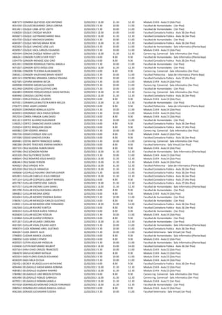 4087179   COIMBRA QUEVEDO JOSE ANTONIO        12/03/2013 11.00   11.30   12.30   Modulo 214 B - Aula 23 (2do Piso)
4014140   COLLAZO BEJARANO CARLA LORENA       12/03/2013 9.30    10.00   11.00   Facultad de Humanidades - (1er Piso)
4013421   COLQUE CABA LEYDI LISETH            12/03/2013 9.30    10.00   11.00   Facultad de Humanidades - (1er Piso)
4108220   COLQUE CHOQUE WILDER                12/03/2013 12.30   13.00   14.00   Facultad Contaduria Publica - Aula 26 (3er Piso)
4050673   COLQUE JUSTINIANO MARIO RAUL        12/03/2013 11.00   11.30   12.30   Facultad Contaduria Publica - Aula 26 (3er Piso)
4014720   COLQUE MACHACA SANDRA               12/03/2013 9.30    10.00   11.00   Facultad de Humanidades - (1er Piso)
4049397   COLQUE MATIAS MARIA RENE            12/03/2013 11.00   11.30   12.30   Facultad Contaduria Publica - Aula 26 (3er Piso)
4022636   COLQUE SANCHEZ JOSE LUIS            12/03/2013 9.30    10.00   11.00   Facultad de Humanidades - Sala Informatica (Planta Baja)
4030937   COLQUE VACA CARLOS EDUARDO          12/03/2013 9.30    10.00   11.00   Modulo 214 B - Aula 23 (2do Piso)
4059349   CONCHA CHOQUE NORAH LIZETH          12/03/2013 11.00   11.30   12.30   Carrera Ing. Comercial - Sala informatica (3er Piso)
3806241   CONDORI FLORES EVER YOSET           12/03/2013 8.00    8.30    9.30    Facultad de Humanidades - Sala Informatica (Planta Baja)
3394778   CONDORI MENDEZ JOSE CIRO            12/03/2013 8.00    8.30    9.30    Facultad Contaduria Publica - Aula 26 (3er Piso)
4012431   CONDORI RODRIGUEZ NATALI ANGELA     12/03/2013 9.30    10.00   11.00   Facultad de Humanidades - (1er Piso)
4071037   CONDORI SOTO DIEGO JOSE             12/03/2013 11.00   11.30   12.30   Facultad de Humanidades - (1er Piso)
3783586   CONDORI TEJERINA ALAN MARCOS        12/03/2013 8.00    8.30    9.30    Carrera Ing. Comercial - Sala informatica (3er Piso)
3985611   CONDORI VALERIANO BRAIN HEBERT      12/03/2013 9.30    10.00   11.00   Facultad Politecnica - Salas de Informatica (Planta Baja)
4001143   CONTRERAS MIRANDA CAROLA YOHANA     12/03/2013 9.30    10.00   11.00   Facultad Contaduria Publica - Aula 27 (4to Piso)
4027585   COPANA MAMANI BETZA                 12/03/2013 9.30    10.00   11.00   Modulo 214 B - Aula 24 (2do Piso)
4009908   CORDERO BAZAN SALVADOR              12/03/2013 9.30    10.00   11.00   Carrera Ing. Comercial - Sala informatica (3er Piso)
4012448   CORDERO LOZA GUSTAVO LIAN           12/03/2013 9.30    10.00   11.00   Facultad de Humanidades - (1er Piso)
4065893   CORDERO POQUECHOQUE DAVID NICOLAS   12/03/2013 11.00   11.30   12.30   Carrera Ing. Comercial - Sala informatica (3er Piso)
4049440   CORDOVA CASTRO KEVIN                12/03/2013 11.00   11.30   12.30   Facultad Contaduria Publica - Aula 26 (3er Piso)
3935041   CORILA PADILLA LOURDES              12/03/2013 8.00    8.30    9.30    Modulo 214 B - Aula 24 (2do Piso)
4074351   CORIMAYLLA BAUTISTA KAREN MELIZA    12/03/2013 11.00   11.30   12.30   Facultad de Humanidades - (1er Piso)
2706773   CORO JAIMES JHONNY                  12/03/2013 8.00    8.30    9.30    Facultad Politecnica - Salas de Informatica (Planta Baja)
4029029   CORONADO BONILLA JUDITH             12/03/2013 9.30    10.00   11.00   Modulo 214 B - Aula 24 (2do Piso)
4030593   CORONADO VACA PAOLO SERGIO          12/03/2013 9.30    10.00   11.00   Modulo 214 B - Aula 24 (2do Piso)
3952534   CORREA PARADA JUAN DAVID            12/03/2013 8.00    8.30    9.30    Modulo 214 B - Aula 23 (2do Piso)
4011213   CORTEZ ALVAREZ ALEXANDER            12/03/2013 9.30    10.00   11.00   Facultad de Humanidades - (1er Piso)
3148252   CORTEZ CAMACHO JAVIER JUNIOR        12/03/2013 8.00    8.30    9.30    Facultad Contaduria Publica - Aula 26 (3er Piso)
3539254   CORTEZ MAQUERA OSCAR                12/03/2013 8.00    8.30    9.30    Facultad Contaduria Publica - Aula 27 (4to Piso)
4005862   CORY OSORIO ARNOLD                  12/03/2013 9.30    10.00   11.00   Carrera Ing. Comercial - Sala informatica (3er Piso)
3965726   COSSIO CHOQUE JOSE LUIS             12/03/2013 8.00    8.30    9.30    Modulo 214 B - Aula 23 (2do Piso)
2973586   COSSIO SANCHES ERICKA               12/03/2013 8.00    8.30    9.30    Facultad Contaduria Publica - Aula 26 (3er Piso)
4009481   COSTAS SMITH FRANCISCO DANIEL       12/03/2013 9.30    10.00   11.00   Carrera Ing. Comercial - Sala informatica (3er Piso)
3982280   CRESPO TERCEROS XIMENA ANDREA       12/03/2013 8.00    8.30    9.30    Facultad Veterinaria - Sala Virtual (1er Piso)
3837135   CRUZ ALEGRIA RUBEN DAVID            12/03/2013 8.00    8.30    9.30    Modulo 214 B - Aula 24 (2do Piso)
4075986   CRUZ CONDORI NOEMI                  12/03/2013 11.00   11.30   12.30   Facultad de Humanidades - Sala Informatica (Planta Baja)
4035320   CRUZ GUTIERREZ OLIVER               12/03/2013 9.30    10.00   11.00   Modulo 214 B - Aula 23 (2do Piso)
4080645   CRUZ ROMERO JESUS MARCO             12/03/2013 11.00   11.30   12.30   Modulo 214 B - Aula 24 (2do Piso)
4082443   CRUZ SAIBA YERSON                   12/03/2013 11.00   11.30   12.30   Modulo 214 B - Aula 24 (2do Piso)
4046625   CRUZ VARGAS RITA                    12/03/2013 11.00   11.30   12.30   Facultad Politecnica - Salas de Informatica (Planta Baja)
4052028   CRUZ VILLCA HIRAHOLA                12/03/2013 11.00   11.30   12.30   Facultad Contaduria Publica - Aula 26 (3er Piso)
3990606   CUCHALLO AGUIRRE CRISTIAN JUNIOR    12/03/2013 9.30    10.00   11.00   Facultad Contaduria Publica - Aula 26 (3er Piso)
4052815   CUELLAR CABELLO JESUS ENRIQUE       12/03/2013 11.00   11.30   12.30   Facultad Contaduria Publica - Aula 26 (3er Piso)
3471154   CUELLAR CESPEDES LISBEHT MARIZOL    12/03/2013 8.00    8.30    9.30    Facultad Contaduria Publica - Aula 27 (4to Piso)
4057787   CUELLAR CORTEZ JOSE CARLOS          12/03/2013 11.00   11.30   12.30   Facultad Contaduria Publica - Aula 27 (4to Piso)
4075727   CUELLAR ENCINAS JUAN DANIEL         12/03/2013 11.00   11.30   12.30   Facultad de Humanidades - Sala Informatica (Planta Baja)
3813790   CUELLAR ESCALERA DANIA ARACELY      12/03/2013 8.00    8.30    9.30    Facultad de Humanidades - (1er Piso)
3846832   CUELLAR MEDINA JORGE                12/03/2013 8.00    8.30    9.30    Modulo 214 B - Aula 24 (2do Piso)
4016044   CUELLAR MENDEZ ESDENKA SARAH        12/03/2013 9.30    10.00   11.00   Facultad de Humanidades - (1er Piso)
3786567   CUELLAR MENDOZA CARLOS GUSTAVO      12/03/2013 8.00    8.30    9.30    Facultad de Humanidades - (1er Piso)
4108311   CUELLAR MENDOZA JOSE FERNANDO       12/03/2013 12.30   13.00   14.00   Facultad Contaduria Publica - Aula 26 (3er Piso)
3362548   CUELLAR RIVERO YUBITZA              12/03/2013 8.00    8.30    9.30    Facultad Contaduria Publica - Aula 26 (3er Piso)
4096333   CUELLAR ROCA KAREN FIORELA          12/03/2013 8.00    8.30    9.30    Facultad de Humanidades - (1er Piso)
4026628   CUELLAR SOCORE YOSELIN              12/03/2013 9.30    10.00   11.00   Modulo 214 B - Aula 24 (2do Piso)
4124868   CUELLAR SUAREZ VERONICA             12/03/2013 8.00    8.30    9.30    Facultad de Humanidades - (1er Piso)
4071267   CUELLAR VELARDE CAROLINA            12/03/2013 11.00   11.30   12.30   Facultad de Humanidades - (1er Piso)
4021565   CUELLAR VIDAL ERLAND JAZER          12/03/2013 9.30    10.00   11.00   Facultad de Humanidades - Sala Informatica (Planta Baja)
3990374   CUIZA ROMANO ARIEL GUSTAVO          12/03/2013 9.30    10.00   11.00   Facultad Contaduria Publica - Aula 26 (3er Piso)
4044247   CUIZA ZARATE ALEX                   12/03/2013 9.30    10.00   11.00   Facultad Veterinaria - Sala Virtual (1er Piso)
3796850   CUIZARA MARCA LOURDES               12/03/2013 8.00    8.30    9.30    Facultad de Humanidades - Sala Informatica (Planta Baja)
3980950   CUSSI GOMEZ HYMER                   12/03/2013 8.00    8.30    9.30    Modulo 214 B - Aula 22 (2do Piso)
4020525   CUTIPA AGUILAR YHOSELIN             12/03/2013 9.30    10.00   11.00   Facultad de Humanidades - Sala Informatica (Planta Baja)
4104630   CUTIPA MATURANO WILBERT             12/03/2013 12.30   13.00   14.00   Facultad Contaduria Publica - Aula 26 (3er Piso)
4037164   DARA CHAO CARLOS FRANCISCO          12/03/2013 9.30    10.00   11.00   Modulo 214 B - Aula 22 (2do Piso)
3964678   DAVILA ACARAPI NATALIA              12/03/2013 8.00    8.30    9.30    Modulo 214 B - Aula 23 (2do Piso)
4032534   DAZA FLORES CARLOS EDUARDO          12/03/2013 9.30    10.00   11.00   Modulo 214 B - Aula 23 (2do Piso)
4030239   DAZA VACA CECILIA                   12/03/2013 9.30    10.00   11.00   Modulo 214 B - Aula 24 (2do Piso)
2824521   DECKER VELASCO LIUVA KATHERINE      12/03/2013 8.00    8.30    9.30    Facultad Contaduria Publica - Aula 26 (3er Piso)
4094446   DELGADILLO ANDIA MARIA ROMINA       12/03/2013 11.00   11.30   12.30   Modulo 214 B - Aula 22 (2do Piso)
4085832   DELGADILLO GUZMAN RAMIRO            12/03/2013 11.00   11.30   12.30   Modulo 214 B - Aula 23 (2do Piso)
3784982   DELGADILLO LINO BROLIN ESTIVEN      12/03/2013 8.00    8.30    9.30    Carrera Ing. Comercial - Sala informatica (3er Piso)
4063486   DELGADILLO ROBLES GABRIELA          12/03/2013 11.00   11.30   12.30   Carrera Ing. Comercial - Sala informatica (3er Piso)
4078521   DELGADILLO ROMAN DANIELA            12/03/2013 11.00   11.30   12.30   Modulo 214 B - Aula 21 (1er Piso)
4074538   DOMINGUEZ MORUNO CARLOS FERNANDO    12/03/2013 11.00   11.30   12.30   Facultad de Humanidades - (1er Piso)
3980542   DOMINGUEZ VARGAS DANIELA GISELLE    12/03/2013 8.00    8.30    9.30    Modulo 214 B - Aula 22 (2do Piso)
4042366   DORADO JUCHASARA EUSEBIA            12/03/2013 9.30    10.00   11.00   Facultad Veterinaria - Sala Virtual (1er Piso)
 