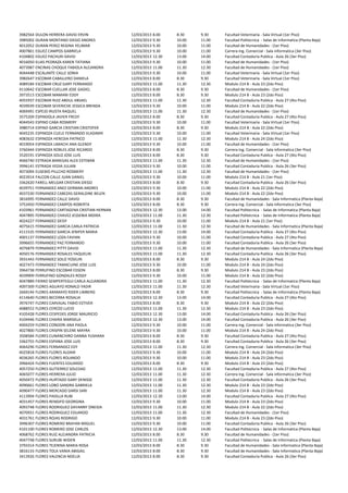3982564   DULON HERRERA DAVID ERVIN             12/03/2013 8.00    8.30    9.30    Facultad Veterinaria - Sala Virtual (1er Piso)
3985002   DURAN MONTANO DIEGO ANDRES            12/03/2013 9.30    10.00   11.00   Facultad Politecnica - Salas de Informatica (Planta Baja)
4012052   DURAN PEREZ REGINA YELIMAR            12/03/2013 9.30    10.00   11.00   Facultad de Humanidades - (1er Piso)
4007861   EGUEZ CAMPOS GABRIELA                 12/03/2013 9.30    10.00   11.00   Carrera Ing. Comercial - Sala informatica (3er Piso)
4104802   EGUEZ PACHURI DAVID                   12/03/2013 12.30   13.00   14.00   Facultad Contaduria Publica - Aula 26 (3er Piso)
4016050   ELIAS PEDRAZA KAREN TATIANA           12/03/2013 9.30    10.00   11.00   Facultad de Humanidades - (1er Piso)
4073987   ENCINAS CHOQUE FABIOLA ALEJANDRA      12/03/2013 11.00   11.30   12.30   Facultad de Humanidades - (1er Piso)
4044448   ESCALANTE CALLE SONIA                 12/03/2013 9.30    10.00   11.00   Facultad Veterinaria - Sala Virtual (1er Piso)
3982647   ESCOBAR CABALLERO DANIELA             12/03/2013 8.00    8.30    9.30    Facultad Veterinaria - Sala Virtual (1er Piso)
4089184   ESCOBAR CRUZ GARY FERNANDO            12/03/2013 11.00   11.30   12.30   Modulo 214 B - Aula 23 (2do Piso)
4110642   ESCOBAR CUELLAR JOSE GADIEL           12/03/2013 8.00    8.30    9.30    Facultad de Humanidades - (1er Piso)
3973513   ESCOBAR MAMANI EDDY                   12/03/2013 8.00    8.30    9.30    Modulo 214 B - Aula 23 (2do Piso)
4055937   ESCOBAR RUIZ ABDUL ABSAEL             12/03/2013 11.00   11.30   12.30   Facultad Contaduria Publica - Aula 27 (4to Piso)
4039039   ESCOBAR SEVERICHE JESSICA BRENDA      12/03/2013 9.30    10.00   11.00   Modulo 214 B - Aula 22 (2do Piso)
4069491   ESPEJO IRUSTA RAQUEL                  12/03/2013 11.00   11.30   12.30   Facultad de Humanidades - (1er Piso)
3575209   ESPINDOLA JAVIER FREDY                12/03/2013 8.00    8.30    9.30    Facultad Contaduria Publica - Aula 27 (4to Piso)
4044543   ESPINO CABA ROSMERY                   12/03/2013 9.30    10.00   11.00   Facultad Veterinaria - Sala Virtual (1er Piso)
3980714   ESPINO GARCIA CRISTIAN CRISTOFER      12/03/2013 8.00    8.30    9.30    Modulo 214 B - Aula 22 (2do Piso)
4045235   ESPINOZA CUELE FERNANDO VLADIMIR      12/03/2013 9.30    10.00   11.00   Facultad Veterinaria - Sala Virtual (1er Piso)
4083632   ESPINOZA HEREDIA PATRICO              12/03/2013 11.00   11.30   12.30   Modulo 214 B - Aula 24 (2do Piso)
4019054   ESPINOZA LIMACHI ANA GLENDY           12/03/2013 9.30    10.00   11.00   Facultad de Humanidades - (1er Piso)
3760444   ESPINOZA ROBLES JOSE RICARDO          12/03/2013 8.00    8.30    9.30    Carrera Ing. Comercial - Sala informatica (3er Piso)
3520191   ESPINOZA SOLIZ JOSE LUIS              12/03/2013 8.00    8.30    9.30    Facultad Contaduria Publica - Aula 27 (4to Piso)
4066740   ESTRADA BANEGAS ALEX ESTEBAN          12/03/2013 11.00   11.30   12.30   Facultad de Humanidades - (1er Piso)
3996141   ESTRADA VEDIA JULIAN                  12/03/2013 9.30    10.00   11.00   Facultad Contaduria Publica - Aula 26 (3er Piso)
4073094   EUSEBIO PILLCHO ROSMERY               12/03/2013 11.00   11.30   12.30   Facultad de Humanidades - (1er Piso)
4023914   FALCON CALLE JUAN DANIEL              12/03/2013 9.30    10.00   11.00   Modulo 214 B - Aula 21 (1er Piso)
3362620   FARELL MELGAR CRISTIAN DIEGO          12/03/2013 8.00    8.30    9.30    Facultad Contaduria Publica - Aula 26 (3er Piso)
4039751   FERNANDEZ ANEZ GERMAN ANDRES          12/03/2013 9.30    10.00   11.00   Modulo 214 B - Aula 22 (2do Piso)
4037230   FERNANDEZ CABEZAS GERALDINE BELEN     12/03/2013 9.30    10.00   11.00   Modulo 214 B - Aula 22 (2do Piso)
3816995   FERNANDEZ CALLE DAVID                 12/03/2013 8.00    8.30    9.30    Facultad de Humanidades - Sala Informatica (Planta Baja)
3753450   FERNANDEZ CAMPOS ROBERTA              12/03/2013 8.00    8.30    9.30    Carrera Ing. Comercial - Sala informatica (3er Piso)
4103961   FERNANDEZ CARTAGENA CRISTIAN HERNAN   12/03/2013 12.30   13.00   14.00   Facultad Politecnica - Salas de Informatica (Planta Baja)
4047895   FERNANDEZ CHAVEZ JESSENIA MOIRA       12/03/2013 11.00   11.30   12.30   Facultad Politecnica - Salas de Informatica (Planta Baja)
4024227   FERNANDEZ DEISY                       12/03/2013 9.30    10.00   11.00   Modulo 214 B - Aula 21 (1er Piso)
4075615   FERNANDEZ GARCIA CARLA PATRICIA       12/03/2013 11.00   11.30   12.30   Facultad de Humanidades - Sala Informatica (Planta Baja)
4111535   FERNANDEZ GARCIA JENIFER MARIA        12/03/2013 12.30   13.00   14.00   Facultad Contaduria Publica - Aula 27 (4to Piso)
4001137   FERNANDEZ LOZA FAVIAN                 12/03/2013 9.30    10.00   11.00   Facultad Contaduria Publica - Aula 27 (4to Piso)
3996655   FERNANDEZ PAZ FERNANDO                12/03/2013 9.30    10.00   11.00   Facultad Contaduria Publica - Aula 26 (3er Piso)
4076879   FERNANDEZ PITTY DAVID                 12/03/2013 11.00   11.30   12.30   Facultad de Humanidades - Sala Informatica (Planta Baja)
4050176   FERNANDEZ ROSALES YAQUELIN            12/03/2013 11.00   11.30   12.30   Facultad Contaduria Publica - Aula 26 (3er Piso)
3931443   FERNANDEZ SOLIZ YOSELIN               12/03/2013 8.00    8.30    9.30    Modulo 214 B - Aula 24 (2do Piso)
4027473   FERNANDEZ TAMACUINE JOSE LUIS         12/03/2013 9.30    10.00   11.00   Modulo 214 B - Aula 24 (2do Piso)
3964738   FERRUFINO ESCOBAR EDSON               12/03/2013 8.00    8.30    9.30    Modulo 214 B - Aula 23 (2do Piso)
4039909   FERRUFINO GONZALES ROSSY              12/03/2013 9.30    10.00   11.00   Modulo 214 B - Aula 22 (2do Piso)
4047889   FIERRO SEMPERTEGUI CARLA ALEJANDRA    12/03/2013 11.00   11.30   12.30   Facultad Politecnica - Salas de Informatica (Planta Baja)
4097309   FLORES AGUAYO RONALD YADIR            12/03/2013 11.00   11.30   12.30   Facultad Veterinaria - Sala Virtual (1er Piso)
2669144   FLORES ARAMAYO RIDER LIMBERG          12/03/2013 8.00    8.30    9.30    Facultad Politecnica - Salas de Informatica (Planta Baja)
4114640   FLORES BECERRA ROSALIA                12/03/2013 12.30   13.00   14.00   Facultad Contaduria Publica - Aula 27 (4to Piso)
3976747   FLORES CARVAJAL FABIO ESTIVER         12/03/2013 8.00    8.30    9.30    Modulo 214 B - Aula 22 (2do Piso)
4088552   FLORES CEREZO LUCIO                   12/03/2013 11.00   11.30   12.30   Modulo 214 B - Aula 23 (2do Piso)
4105428   FLORES CESPEDES JORGE MAURICIO        12/03/2013 12.30   13.00   14.00   Facultad Contaduria Publica - Aula 26 (3er Piso)
4104446   FLORES CHAIRA MARISELA                12/03/2013 12.30   13.00   14.00   Facultad Contaduria Publica - Aula 26 (3er Piso)
4004259   FLORES CONDORI ANA PAOLA              12/03/2013 9.30    10.00   11.00   Carrera Ing. Comercial - Sala informatica (3er Piso)
4027800   FLORES CRISPIN SELENE MAYRA           12/03/2013 9.30    10.00   11.00   Modulo 214 B - Aula 24 (2do Piso)
3508584   FLORES CUNANCHIRO DANNA YUSHARA       12/03/2013 8.00    8.30    9.30    Facultad Contaduria Publica - Aula 27 (4to Piso)
3362755   FLORES ESPANA JOSE LUIS               12/03/2013 8.00    8.30    9.30    Facultad Contaduria Publica - Aula 26 (3er Piso)
4064296   FLORES FERNANDEZ EDY                  12/03/2013 11.00   11.30   12.30   Carrera Ing. Comercial - Sala informatica (3er Piso)
4025818   FLORES FLORES ALDAIR                  12/03/2013 9.30    10.00   11.00   Modulo 214 B - Aula 24 (2do Piso)
4036265   FLORES FLORES ROLANDO                 12/03/2013 9.30    10.00   11.00   Modulo 214 B - Aula 23 (2do Piso)
3966424   FLORES FUENTES EDUARDO                12/03/2013 8.00    8.30    9.30    Modulo 214 B - Aula 23 (2do Piso)
4057250   FLORES GUTIERREZ SOLEDAD              12/03/2013 11.00   11.30   12.30   Facultad Contaduria Publica - Aula 27 (4to Piso)
4065077   FLORES HERRERA JULIO                  12/03/2013 11.00   11.30   12.30   Carrera Ing. Comercial - Sala informatica (3er Piso)
4050472   FLORES HURTADO GABY DENISSE           12/03/2013 11.00   11.30   12.30   Facultad Contaduria Publica - Aula 26 (3er Piso)
4090661   FLORES LOBO SANDRA GABRIELA           12/03/2013 11.00   11.30   12.30   Modulo 214 B - Aula 23 (2do Piso)
4090477   FLORES MERCADO DARSI SARI             12/03/2013 11.00   11.30   12.30   Modulo 214 B - Aula 23 (2do Piso)
4113994   FLORES PADILLA RUBI                   12/03/2013 12.30   13.00   14.00   Facultad Contaduria Publica - Aula 27 (4to Piso)
4031457   FLORES RENGIFO GEORGINA               12/03/2013 9.30    10.00   11.00   Modulo 214 B - Aula 23 (2do Piso)
4093748   FLORES RODRIGUEZ DAYANNY ONEIDA       12/03/2013 11.00   11.30   12.30   Modulo 214 B - Aula 22 (2do Piso)
4070931   FLORES RODRIGUEZ EDUARDO              12/03/2013 11.00   11.30   12.30   Facultad de Humanidades - (1er Piso)
4031761   FLORES ROJAS RODRIGO                  12/03/2013 9.30    10.00   11.00   Modulo 214 B - Aula 23 (2do Piso)
3996307   FLORES ROMERO BRAYAN MIGUEL           12/03/2013 9.30    10.00   11.00   Facultad Contaduria Publica - Aula 26 (3er Piso)
4101100   FLORES ROMERO JOSE CARLOS             12/03/2013 12.30   13.00   14.00   Facultad Politecnica - Salas de Informatica (Planta Baja)
4068762   FLORES RUIZ ALEJANDRA PATRICIA        12/03/2013 8.00    8.30    9.30    Facultad de Humanidades - (1er Piso)
4047748   FLORES SURUBI WIDEN                   12/03/2013 11.00   11.30   12.30   Facultad Politecnica - Salas de Informatica (Planta Baja)
3793314   FLORES TEJERINA MARIA ROSA            12/03/2013 8.00    8.30    9.30    Facultad de Humanidades - Sala Informatica (Planta Baja)
3816133   FLORES TOLA VANIA ABIGAIL             12/03/2013 8.00    8.30    9.30    Facultad de Humanidades - Sala Informatica (Planta Baja)
3413926   FLORES VALENCIA NOELIA                12/03/2013 8.00    8.30    9.30    Facultad Contaduria Publica - Aula 26 (3er Piso)
 