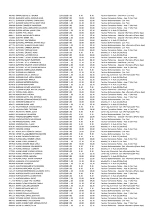 3982802   GRIMALDES SACACA WILBER              12/03/2013 8.00    8.30    9.30    Facultad Veterinaria - Sala Virtual (1er Piso)
3992491   GUARACHI GARCIA JHOSELIN LEIDA       12/03/2013 9.30    10.00   11.00   Facultad Contaduria Publica - Aula 26 (3er Piso)
4018712   GUARACHI GUTIERREZ ERWIN ISRAEL      12/03/2013 9.30    10.00   11.00   Facultad de Humanidades - (1er Piso)
4072574   GUARDIA MUGUERTEGUI MARY CRUZ        12/03/2013 11.00   11.30   12.30   Facultad de Humanidades - (1er Piso)
3998588   GUAYBA CHAVEZ DEYNA ROSSEN           12/03/2013 9.30    10.00   11.00   Facultad Contaduria Publica - Aula 27 (4to Piso)
3998559   GUERRA GARCIA GERALDINE ALEJANDRA    12/03/2013 9.30    10.00   11.00   Facultad Contaduria Publica - Aula 27 (4to Piso)
4093688   GUERRA MEDINA MARIA ELENA            12/03/2013 11.00   11.30   12.30   Modulo 214 B - Aula 22 (2do Piso)
3986473   GUERRA PEREZ JOSUE                   12/03/2013 9.30    10.00   11.00   Facultad Politecnica - Salas de Informatica (Planta Baja)
4046111   GUERRA SALLUCA RUTH KAREN            12/03/2013 11.00   11.30   12.30   Facultad Politecnica - Salas de Informatica (Planta Baja)
4103665   GUEVARA BARBA ABEL                   12/03/2013 12.30   13.00   14.00   Facultad Politecnica - Salas de Informatica (Planta Baja)
4038264   GUTIERREZ AJNE MARIBEL               12/03/2013 9.30    10.00   11.00   Modulo 214 B - Aula 22 (2do Piso)
4010389   GUTIERREZ ARANCIBIA NAYARA NELLY     12/03/2013 9.30    10.00   11.00   Facultad de Humanidades - (1er Piso)
4077755   GUTIERREZ BENAVIDES JUAN PABLO       12/03/2013 11.00   11.30   12.30   Facultad de Humanidades - Sala Informatica (Planta Baja)
4015027   GUTIERREZ CARBAJAL BEATRIZ           12/03/2013 9.30    10.00   11.00   Facultad de Humanidades - (1er Piso)
4109121   GUTIERREZ CRISTIAN DAVID             12/03/2013 12.30   13.00   14.00   Facultad Contaduria Publica - Aula 26 (3er Piso)
3928851   GUTIERREZ GALINDO JAERO              12/03/2013 8.00    8.30    9.30    Modulo 214 B - Aula 24 (2do Piso)
4032333   GUTIERREZ LACERDA CECILIA            12/03/2013 9.30    10.00   11.00   Modulo 214 B - Aula 23 (2do Piso)
3991988   GUTIERREZ LAZARTE GLENDY FABIOLA     12/03/2013 9.30    10.00   11.00   Facultad Contaduria Publica - Aula 26 (3er Piso)
4045301   GUTIERREZ QUISPE ALEXANDER           12/03/2013 11.00   11.30   12.30   Facultad Politecnica - Salas de Informatica (Planta Baja)
4099314   GUTIERREZ SOLIZ BIZMARK ALEX         12/03/2013 11.00   11.30   12.30   Facultad Veterinaria - Sala Virtual (1er Piso)
4102536   GUTIERREZ VALDIVIA MARIO MARCELO     12/03/2013 12.30   13.00   14.00   Facultad Politecnica - Salas de Informatica (Planta Baja)
4054607   GUTIERREZ VELASCO LAURA NATHALIA     12/03/2013 11.00   11.30   12.30   Facultad Contaduria Publica - Aula 26 (3er Piso)
4097077   GUZMAN ASSEFF CARLOS ANDRES          12/03/2013 8.00    8.30    9.30    Facultad de Humanidades - (1er Piso)
4074567   GUZMAN BAYA FARGLIN                  12/03/2013 11.00   11.30   12.30   Facultad de Humanidades - (1er Piso)
4063724   GUZMAN CABEZAS MARCELO               12/03/2013 11.00   11.30   12.30   Carrera Ing. Comercial - Sala informatica (3er Piso)
4028981   GUZMAN CHILO HAROL JERSSON           12/03/2013 9.30    10.00   11.00   Modulo 214 B - Aula 24 (2do Piso)
4089882   GUZMAN MORA AMALIA                   12/03/2013 11.00   11.30   12.30   Modulo 214 B - Aula 23 (2do Piso)
4055251   GUZMAN MOSCOSO CLARISA               12/03/2013 11.00   11.30   12.30   Facultad Contaduria Publica - Aula 27 (4to Piso)
4079636   GUZMAN ROMAN TANY                    12/03/2013 11.00   11.30   12.30   Modulo 214 B - Aula 21 (1er Piso)
3937658   GUZMAN URENDA MARIA RENE             12/03/2013 8.00    8.30    9.30    Modulo 214 B - Aula 24 (2do Piso)
4098214   GUZMAN VEIZAGA WALTER JUAQUIN        12/03/2013 11.00   11.30   12.30   Facultad Veterinaria - Sala Virtual (1er Piso)
4021312   HEREDIA CUBA DANIEL                  12/03/2013 9.30    10.00   11.00   Facultad de Humanidades - Sala Informatica (Planta Baja)
4055340   HEREDIA RIVERA SOFIA                 12/03/2013 11.00   11.30   12.30   Facultad Contaduria Publica - Aula 27 (4to Piso)
3999978   HERRERA GOYTIA JOSE ANTONIO          12/03/2013 9.30    10.00   11.00   Facultad Contaduria Publica - Aula 27 (4to Piso)
4017109   HERRERA JUSTINIANO FRANCISCO ARIEL   12/03/2013 9.30    10.00   11.00   Facultad de Humanidades - (1er Piso)
4041651   HERRERA NUNEZ LIZETH                 12/03/2013 9.30    10.00   11.00   Modulo 214 B - Aula 22 (2do Piso)
4094251   HERRERA QUISPE ARIEL                 12/03/2013 11.00   11.30   12.30   Modulo 214 B - Aula 22 (2do Piso)
3712362   HIGA MANSILLA DIANA GABRIELA         12/03/2013 8.00    8.30    9.30    Carrera Ing. Comercial - Sala informatica (3er Piso)
4105374   HIGA VALLE KEN CRISTHIAN             12/03/2013 12.30   13.00   14.00   Facultad Contaduria Publica - Aula 26 (3er Piso)
3784671   HILARI AVILE MARIA ELENA             12/03/2013 8.00    8.30    9.30    Carrera Ing. Comercial - Sala informatica (3er Piso)
4048653   HILLMAN GALVIS ANDREA                12/03/2013 8.00    8.30    9.30    Facultad de Humanidades - (1er Piso)
3986622   HINOJOSA BALCERAS FREDDY             12/03/2013 9.30    10.00   11.00   Facultad Politecnica - Salas de Informatica (Planta Baja)
4037603   HINOJOSA CONTRERAS HERMAN            12/03/2013 8.00    8.30    9.30    Facultad de Humanidades - (1er Piso)
3317708   HINOJOSA SUAREZ ERVIN                12/03/2013 8.00    8.30    9.30    Facultad Contaduria Publica - Aula 26 (3er Piso)
3828604   HINOJOSA VACA ELMAR                  12/03/2013 8.00    8.30    9.30    Modulo 214 B - Aula 21 (1er Piso)
4036383   HINOJOSA VARGAS JANKARLA             12/03/2013 9.30    10.00   11.00   Modulo 214 B - Aula 23 (2do Piso)
3989773   HOWARD HAROLD                        12/03/2013 9.30    10.00   11.00   Facultad Contaduria Publica - Aula 26 (3er Piso)
4013011   HOYOS SOTELO CARLOS ENRIQUE          12/03/2013 9.30    10.00   11.00   Facultad de Humanidades - (1er Piso)
3992404   HOYOS VELASQUEZ ORESTES ZACARIAS     12/03/2013 8.00    8.30    9.30    Facultad de Humanidades - (1er Piso)
3958778   HUANCA ATAHUICHI ANTONIO             12/03/2013 8.00    8.30    9.30    Modulo 214 B - Aula 23 (2do Piso)
3996632   HUANCA CALLE WILBER CARLOS           12/03/2013 9.30    10.00   11.00   Facultad Contaduria Publica - Aula 26 (3er Piso)
4079062   HUANCA DAVILA RONALDO                12/03/2013 11.00   11.30   12.30   Modulo 214 B - Aula 21 (1er Piso)
3997620   HUANCA MAGNE IBELIZ CARLA            12/03/2013 9.30    10.00   11.00   Facultad Contaduria Publica - Aula 26 (3er Piso)
3821973   HUANCA MAMANI DINA MARIZOL           12/03/2013 8.00    8.30    9.30    Facultad de Humanidades - Sala Informatica (Planta Baja)
3941370   HUANCA MAMANI ELIZABETH              12/03/2013 8.00    8.30    9.30    Modulo 214 B - Aula 24 (2do Piso)
3779581   HUANCA NINA VERONICA YOSELIN         12/03/2013 8.00    8.30    9.30    Carrera Ing. Comercial - Sala informatica (3er Piso)
4059929   HUANCA PATTY LISSETH GABRIELA        12/03/2013 11.00   11.30   12.30   Carrera Ing. Comercial - Sala informatica (3er Piso)
4031500   HUANCA POMA ANA ROSA                 12/03/2013 9.30    10.00   11.00   Modulo 214 B - Aula 23 (2do Piso)
4022240   HUANCA VACA MARIA FERNANDA           12/03/2013 9.30    10.00   11.00   Facultad de Humanidades - Sala Informatica (Planta Baja)
4092565   HUARACHI HERRERA NOHEMY              12/03/2013 11.00   11.30   12.30   Modulo 214 B - Aula 22 (2do Piso)
4083690   HUARINA DAZA ERIKA                   12/03/2013 11.00   11.30   12.30   Modulo 214 B - Aula 24 (2do Piso)
3166474   HUAYCHO AGUILAR NEYRA MARIBEL        12/03/2013 8.00    8.30    9.30    Facultad Contaduria Publica - Aula 26 (3er Piso)
3351160   HUAYHUA MACHACA SOLEDAD              12/03/2013 8.00    8.30    9.30    Facultad Contaduria Publica - Aula 26 (3er Piso)
4101229   HURTADO MONTECINOS ALEJANDRO REYES   12/03/2013 12.30   13.00   14.00   Facultad Politecnica - Salas de Informatica (Planta Baja)
3583491   HURTADO PINTO CARLOS ALBERTO         12/03/2013 8.00    8.30    9.30    Facultad Contaduria Publica - Aula 27 (4to Piso)
3938830   HURTADO SANTILLAN CRISTHIAN          12/03/2013 8.00    8.30    9.30    Modulo 214 B - Aula 24 (2do Piso)
4141714   HURTADO VARGAS DIEGO                 12/03/2013 12.30   13.00   14.00   Carrera Ing. Comercial - Sala informatica (3er Piso)
4112150   IBANEZ LEANOS TITO EDUARDO           12/03/2013 12.30   13.00   14.00   Facultad Contaduria Publica - Aula 27 (4to Piso)
4058166   IBARRA CHOQUE CLAUDIA CAMILA         12/03/2013 11.00   11.30   12.30   Facultad Contaduria Publica - Aula 27 (4to Piso)
4062541   IBARRA CUELLAR JULIO CESAR           12/03/2013 11.00   11.30   12.30   Carrera Ing. Comercial - Sala informatica (3er Piso)
3791373   IBARRA MELGAR JENNY KELY             12/03/2013 8.00    8.30    9.30    Carrera Ing. Comercial - Sala informatica (3er Piso)
4019137   IBARRA ZELAYA ELIAS                  12/03/2013 9.30    10.00   11.00   Facultad de Humanidades - (1er Piso)
4056718   ILLANES PEDRAZA LEONARDO             12/03/2013 11.00   11.30   12.30   Facultad Contaduria Publica - Aula 27 (4to Piso)
4041154   INSUA ROCA DANIEL GUSTAVO            12/03/2013 9.30    10.00   11.00   Modulo 214 B - Aula 22 (2do Piso)
4108467   INTURIAS BARRIOS YOHANA MARION       12/03/2013 12.30   13.00   14.00   Facultad Contaduria Publica - Aula 26 (3er Piso)
4067432   JABABO PEREZ CARLOS YOVANI           12/03/2013 11.00   11.30   12.30   Facultad de Humanidades - (1er Piso)
4000362   JAIMES CHOQUEVILCA GIORGELI MEYLIN   12/03/2013 9.30    10.00   11.00   Facultad Contaduria Publica - Aula 27 (4to Piso)
4048044   JALDIN VILLARROEL SILVIA             12/03/2013 11.00   11.30   12.30   Facultad Politecnica - Salas de Informatica (Planta Baja)
 