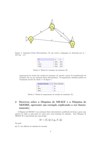 Figura 4: Autômato Finito Determinístico Mc que aceita a linguagem Lb denotada por (a +
bb)*(aa + b)*.
δ a b
q0 q0q2 q0q1
q0q1 q0q2 q0q1
q0q2 q0q2 q0q1
Tabela 3: Tabela de transição do autômato Mc.
mapeamento de rótulos dos estados do autômato Mc gerado a partir da transformação do
autômato Mb em um autômato ﬁnito determinístico. O mapeamento utilizado poderá ser
visualizado através da tabela 4 e da ﬁgura 5.
Antigo Estado Novo Estado
q0 p0
q0q1 p1
q0q2 p2
Tabela 4: Tabela de mapeamento de estados do autômato Mc.
2 Descreva sobre a Máquina de MEALY e a Máquina de
MOORE, apresente um exemplo explicando o seu funcio-
namento.
A Máquina de MEALY é um autômato ﬁnito determinístico modiﬁcado de forma a gerar uma
palavra de saída (a qual pode ser vazia) para cada transição da máquina. Uma Máquina de
MEALY M é representada por uma 6-upla:
M = (Σ, Q, δ, q0, F, ∆)
Na qual:
a) Σ é um alfabeto de símbolos de entrada;
5
 