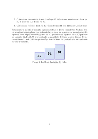 7. Colocamos o conteúdo de 5L em 3L até que 3L encha e com isso teremos 3 litros em
3L, 4 litros em 5L e 1 litro em 8L.
8. Colocamos o conteúdo de 3L em 8L e assim teremos 8L com 4 litros e 5L com 4 litros.
Para montar o modelo de caminho algumas abstrações devem serem feitas. Cada nó terá
em seu rótulo uma tupla de três ordenado (x,y,z) onde x e z pertencem ao conjunto 8,3,5
representando, respectivamente: garrafa de 8L, garrafa de 3L e garrafa de 5L e y pertence
ao conjunto 1,2,3,4,5,6,7,8 representando a quantidade de litros a serem tiradas de x e
colocadas em z. Vale observar que um algoritmo de busca em profundidade resolveria esse
modelo de caminho.
Figura 4: Problema da divisão do vinho.
9
 