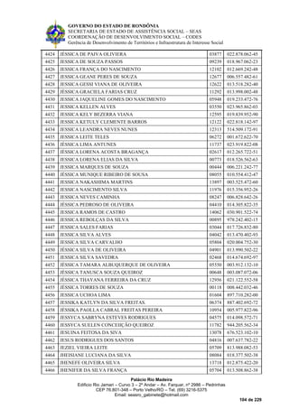 GOVERNO DO ESTADO DE RONDÔNIA
SECRETARIA DE ESTADO DE ASSISTÊNCIA SOCIAL – SEAS
COORDENAÇÃO DE DESENVOLVIMENTO SOCIAL – CODES
Gerência de Desenvolvimento de Territórios e Infraestrutura de Interesse Social
Palácio Rio Madeira
Edificio Rio Jamari – Curvo 3 – 2º Andar – Av. Farquar, nº 2986 – Pedrinhas
CEP 76.801-348 – Porto Velho/RO – Tel. (69) 3216-5375
Email: seasro_gabinete@hotmail.com
104 de 229
4424 JÉSSICA DE PAIVA OLIVIERA 03877 022.878.062-45
4425 JESSICA DE SOUZA PASSOS 09239 018.967.062-23
4426 JESSICA FRANÇA DO NASCIMENTO 12102 012.669.242-48
4427 JESSICA GEANE PERES DE SOUZA 12677 006.557.482-61
4428 JESSICA GESSI VIANA DE OLIVEIRA 12622 013.518.282-40
4429 JÉSSICA GRACIELA FARIAS CRUZ 11292 013.998.002-48
4430 JESSICA JAQUELINE GOMES DO NASCIMENTO 05948 019.233.472-76
4431 JESSICA KELLEN ALVES 03550 023.965.862-03
4432 JESSICA KELY BEZERRA VIANA 12595 019.839.952-90
4433 JESSICA KETULY CLEMENTE BARROS 12122 022.818.142-97
4434 JESSICA LEANDRA NEVES NUNES 12313 514.509.172-91
4435 JESSICA LEITE TELES 06272 001.672.622-70
4436 JÉSSICA LIMA ANTUNES 11737 023.919.822-08
4437 JÉSSICA LORENA ACOSTA BRAGANÇA 02617 012.265.722-51
4438 JESSICA LORENA ELIAS DA SILVA 00773 018.526.562-63
4439 JESSICA MARQUES DE SOUZA 00444 006.221.242-77
4440 JÉSSICA MUNIQUE RIBEIRO DE SOUSA 08055 010.554.412-47
4441 JESSICA NAKASHIMA MARTINS 13897 003.525.472-60
4442 JESSICA NASCIMENTO SILVA 11976 015.356.952-26
4443 JESSICA NEVES CAMINHA 08247 006.828.642-26
4444 JÉSSICA PEDROSO DE OLIVEIRA 04410 014.305.822-35
4445 JESSICA RAMOS DE CASTRO 14062 030.901.522-74
4446 JESSICA REBOLÇAS DA SILVA 00895 978.242.402-15
4447 JESSICA SALES FARIAS 03044 017.726.832-80
4448 JESSICA SILVA ALVES 04042 013.470.402-93
4449 JESSICA SILVA CARVALHO 05804 020.004.752-30
4450 JÉSSICA SILVA DE OLIVEIRA 04901 013.990.502-22
4451 JESSICA SILVA SAVEDRA 02468 014.674.692-97
4452 JÉSSICA TAMARA ALBUQUERQUE DE OLIVEIRA 05550 003.912.132-10
4453 JÉSSICA TANUSCA SOUZA QUEIROZ 00648 003.087.072-06
4454 JÉSSICA THAYANA FERREIRA DA CRUZ 12956 021.122.552-58
4455 JÉSSICA TORRES DE SOUZA 00118 008.442.032-46
4456 JESSICA UCHOA LIMA 01604 897.710.282-00
4457 JESSIKA KATLYN DA SILVA FREITAS. 06374 887.402.692-72
4458 JÉSSIKA PAOLLA CABRAL FREITAS PEREIRA 10954 005.977.822-96
4459 JESSYCA SABRYNA ESTEVES RODRIGUES 04575 014.098.572-71
4460 JESSYCA SUELEN CONCEIIÇÃO QUEIROZ 11782 944.205.562-34
4461 JESUINA FEITOSA DA SIVA 13078 676.523.102-10
4462 JESUS RODRIGUES DOS SANTOS 04816 007.637.782-22
4463 JEZIEL VIEIRA LEITE 05709 813.988.082-53
4464 JHEISIANE LUCIANA DA SILVA 08084 018.377.502-38
4465 JHENEFE OLIVEIRA SILVA 13718 012.875.422-20
4466 JHENIFER DA SILVA FRANÇA 05704 013.508.862-38
 
