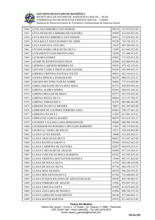 GOVERNO DO ESTADO DE RONDÔNIA
SECRETARIA DE ESTADO DE ASSISTÊNCIA SOCIAL – SEAS
COORDENAÇÃO DE DESENVOLVIMENTO SOCIAL – CODES
Gerência de Desenvolvimento de Territórios e Infraestrutura de Interesse Social
Palácio Rio Madeira
Edificio Rio Jamari – Curvo 3 – 2º Andar – Av. Farquar, nº 2986 – Pedrinhas
CEP 76.801-348 – Porto Velho/RO – Tel. (69) 3216-5375
Email: seasro_gabinete@hotmail.com
128 de 229
5456 LIVIA ANA RIBEIRO CANTANHEDE 09474 347.919.222-04
5457 LÍVIA FRANCISCA RIBEIRO DE OLIVEIRA 05899 814.203.822-68
5458 LIVIA HELENA RIBEIRO CANTANHEDE 09413 715.858.422-49
5459 LIVIA KELLY DANTAS RIQUE DE ASSIS 05220 753.196.322-15
5460 LIVIA SANTANA AVELINO 13655 007.289.992-18
5461 LIVIANE MARIA ARAUJO DA SILVA 12999 813.442.522-49
5462 LIVRAMENTO NASCIMENTO LIMA 12898 271.480.412-87
5463 LIZ MARIA GOMES 05852 771.925.912-20
5464 LIZABETH JEFFRYES REIS FILHA 02860 023.086.942-46
5465 LIZONHA LAMARÃO RODRIGUES 05076 479.102.322-68
5466 LIZYANE CAMILA FREITAS DOS SANTOS 03039 901.949.852-53
5467 LODERLI CRISTINA PANTOJA COUTO 08841 022.165.012-12
5468 LOIANA PRISCILA DAMASCENO 06247 000.533.222-23
5469 LOILSON HO-TONG PAIXÃO NOBRE 04442 777.816.602-00
5470 LOREI JAQUELINE SILVA SENA MAIA 01572 839.429.982-20
5471 LORENA ALZIRA GOMES 03685 004.852.242-24
5472 LORENA MELGAR DE MELO 02577 667.535.622-49
5473 LORENA SOUZA SILVA 08664 013.153.702-47
5474 LORENA TOBIAS ROCA 01878 005.880.482-08
5475 LORIENE DA SILVA MENDES 10027 001.285.042-00
5476 LORRAINE DE LOURDES FERREIRA LIMA 03061 700.137.661-20
5477 LORRANA DA SILVA 11307 013.941.412-62
5478 LÔRRAYNE GARCIA SOARES 00979 015.418.762-37
5479 LOURDES VALLERIA LIMA DOMANESCHI 09068 000.988.792-00
5480 LOURISMAR DO ROSARIO CARVALHO BARROSO 11841 348.519.092-68
5481 LOURIVAL VIEIRA DE SOUZA 12571 289.438.802-00
5482 LUANA ALVES RIEGER 10040 014.202.442-21
5483 LUANA ARAUJO DA SILVA 08051 013.447.262-40
5484 LUANA BATISTA SARAIVA 03944 010.032.842-30
5485 LUANA CARMONA DE OLIVEIRA 02887 684.074.322-53
5486 LUANA CARVALHO DE ARAUJO 05099 857.219.302-25
5487 LUANA CONCEIÇAO MOUA BARBOSA 03582 832.585.822-20
5488 LUANA CRISTINA DOS SANTOS BATISTA 13949 897.331.422-04
5489 LUANA DE SOUSA SILVA 11592 028.148.192-08
5490 LUANA DE SOUZA SILVA 07738 884.270.132-72
5491 LUANA DIAS ARANHA 08359 996.229.392-87
5492 LUANA DOS SANTOS SILVA 01766 735.440.602-30
5493 LUANA ELEQUILIOLANDA DE ARAUJO FELICIO 05250 838.190.882-53
5494 LUANA FERREIRA DE ARAUJO 11942 878.097.702-25
5495 LUANA LIMA DA COSTA 03858 814.623.602-20
5496 LUANA LINS LIMA DE FRANÇA 07496 008.798.532-20
5497 LUANA LOPES DO NASCIMENTO 00140 873.960.682-15
5498 LUANA MATOS MARTINS 05910 011.443.012-89
 
