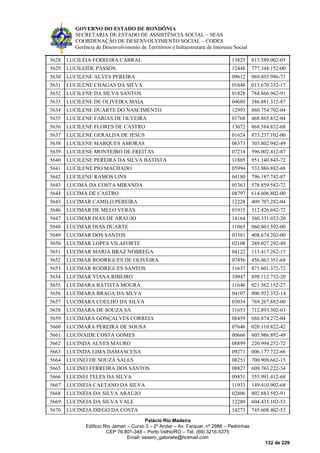 GOVERNO DO ESTADO DE RONDÔNIA
SECRETARIA DE ESTADO DE ASSISTÊNCIA SOCIAL – SEAS
COORDENAÇÃO DE DESENVOLVIMENTO SOCIAL – CODES
Gerência de Desenvolvimento de Territórios e Infraestrutura de Interesse Social
Palácio Rio Madeira
Edificio Rio Jamari – Curvo 3 – 2º Andar – Av. Farquar, nº 2986 – Pedrinhas
CEP 76.801-348 – Porto Velho/RO – Tel. (69) 3216-5375
Email: seasro_gabinete@hotmail.com
132 de 229
5628 LUCILÉIA FERREIRA CABRAL 13825 013.589.002-05
5629 LUCILEIDE PASSOS 12448 777.348.152-00
5630 LUCILENE ALVES PEREIRA 09612 069.893.986-71
5631 LUCILENE CHAGAS DA SILVA 01648 013.670.332-17
5632 LUCILENE DA SILVA SANTOS 01828 784.866.962-91
5633 LUCILENE DE OLIVEIRA MAIA 04680 386.881.312-87
5634 LUCILENE DUARTE DO NASCIMENTO 12993 860.754.702-04
5635 LUCILENE FARIAS DE OLVEIRA 01768 468.865.832-04
5636 LUCILENE FLORES DE CASTRO 13672 868.584.832-68
5637 LUCILENE GERALDA DE JESUS 01624 873.237.102-00
5638 LUCILENE MARQUES AMORAS 06373 303.802.942-49
5639 LUCILENE MONTEIRO DE FREITAS 07214 596.002.412-87
5640 LUCILENE PEREIRA DA SILVA BATISTA 11805 951.140.843-72
5641 LUCILENE PIO MACHADO 05994 533.986.882-68
5642 LUCILENE RAMOS LINS 04180 796.187.742-87
5643 LUCIMÁ DA COSTA MIRANDA 05363 578.859.582-72
5644 LUCIMA DE CASTRO 08797 614.606.802-00
5645 LUCIMAR CAMILO PEREIRA 12228 409.707.282-04
5646 LUCIMAR DE MELO VERAS 01915 312.426.692-72
5647 LUCIMAR DIAS DE ARAUJO 14164 360.331.032-20
5648 LUCIMAR DIAS DUARTE 11065 060.803.592-00
5649 LUCIMAR DOS SANTOS 03381 408.674.202-00
5650 LUCIMAR LOPES VILAFORTE 02108 389.027.292-49
5651 LUCIMAR MARIA BRAZ NOBREGA 04122 113.417.262-15
5652 LUCIMAR RODRIGUES DE OLIVEIRA 07456 456.863.351-68
5653 LUCIMAR RODRIGUES SANTOS 11637 871.601.372-72
5654 LUCIMAR VIANA RIBEIRO 10947 898.112.752-20
5655 LUCIMARA BATISTA MOURA 11646 021.562.152-27
5656 LUCIMARA BRAGA DA SILVA 04107 006.932.332-14
5657 LUCIMARA COELHO DA SILVA 03034 769.267.882-00
5658 LUCIMARA DE SOUZA SÁ 11653 712.893.302-63
5659 LUCIMARA GONÇALVES CORREIA 08459 686.874.272-04
5660 LUCIMARA PEREIRA DE SOUSA 07646 020.110.822-42
5661 LUCINAIDE COSTA GOMES 00666 605.986.892-49
5662 LUCINDA ALVES MAURO 08899 220.994.252-72
5663 LUCINDA LIMA DAMASCENA 09271 006.177.722-66
5664 LUCINEI DE SOUZA SALES 08253 700.908.662-15
5665 LUCINEI FERREIRA DOS SANTOS 08827 609.763.222-34
5666 LUCINEI TELES DA SILVA 09851 555.991.412-68
5667 LUCINEIA CAETANO DA SILVA 11933 149.410.902-68
5668 LUCINÉIA DA SILVA ARAÚJO 02806 802.883.592-91
5669 LUCINEIA DA SILVA VALE 12280 604.435.102-53
5670 LUCINEIA DIEGO DA COSTA 14273 745.608.402-53
 