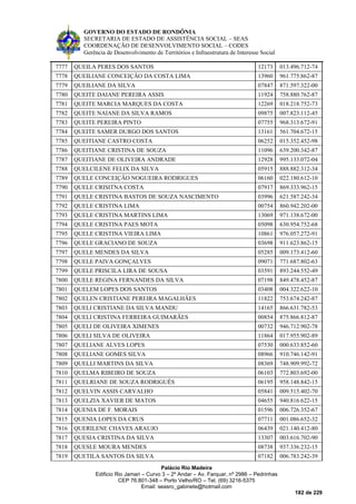 GOVERNO DO ESTADO DE RONDÔNIA
SECRETARIA DE ESTADO DE ASSISTÊNCIA SOCIAL – SEAS
COORDENAÇÃO DE DESENVOLVIMENTO SOCIAL – CODES
Gerência de Desenvolvimento de Territórios e Infraestrutura de Interesse Social
Palácio Rio Madeira
Edificio Rio Jamari – Curvo 3 – 2º Andar – Av. Farquar, nº 2986 – Pedrinhas
CEP 76.801-348 – Porto Velho/RO – Tel. (69) 3216-5375
Email: seasro_gabinete@hotmail.com
182 de 229
7777 QUEILA PERES DOS SANTOS 12173 013.496.712-74
7778 QUEILIANE CONCEIÇÃO DA COSTA LIMA 13960 961.775.862-87
7779 QUEILIANE DA SILVA 07847 871.597.322-00
7780 QUEITE DAIANE PEREIRA ASSIS 11924 758.880.762-87
7781 QUEITE MARCIA MARQUES DA COSTA 12269 018.218.752-73
7782 QUEITE NAIANE DA SILVA RAMOS 09875 007.823.112-45
7783 QUEITE PEREIRA PINTO 07755 968.313.672-91
7784 QUEITE SAMER DURGO DOS SANTOS 13161 561.704.672-15
7785 QUEITIANE CASTRO COSTA 06252 015.352.452-98
7786 QUEITIANE CRISTINA DE SOUZA 11096 639.200.342-87
7787 QUEITIANE DE OLIVEIRA ANDRADE 12928 995.133.072-04
7788 QUELCILENE FELIX DA SILVA 05915 888.882.312-34
7789 QUELE CONCEIÇÃO NOGUEIRA RODRIGUES 06160 022.180.612-10
7790 QUELE CRISITNA COSTA 07917 869.333.962-15
7791 QUELE CRISTINA BASTOS DE SOUZA NASCIMENTO 03996 621.587.242-34
7792 QUELE CRISTINA LIMA 00754 860.942.202-00
7793 QUELE CRISTINA MARTINS LIMA 13069 971.138.672-00
7794 QUELE CRISTINA PAES MOTA 05098 630.954.752-68
7795 QUELE CRISTINA VIEIRA LIMA 10861 976.057.272-91
7796 QUELE GRACIANO DE SOUZA 03698 911.623.862-15
7797 QUELE MENDES DA SILVA 05285 009.173.412-60
7798 QUELE PAIVA GONÇALVES 09071 771.687.802-63
7799 QUELE PRISCILA LIRA DE SOUSA 03591 893.244.552-49
7800 QUELE REGINA FERNANDES DA SILVA 07198 849.478.452-87
7801 QUELEM LOPES DOS SANTOS 03408 004.322.622-10
7802 QUELEN CRISTIANE PEREIRA MAGALHÃES 11822 753.674.242-87
7803 QUELI CRISTIANE DA SILVA MANDU 14165 866.631.782-53
7804 QUELI CRISTINA FERREIRA GUIMARÃES 00854 875.866.812-87
7805 QUELI DE OLIVEIRA XIMENES 00732 946.712.902-78
7806 QUELI SILVA DE OLIVEIRA 11864 017.955.902-89
7807 QUELIANE ALVES LOPES 07530 000.633.852-60
7808 QUELIANE GOMES SILVA 08966 910.746.142-91
7809 QUELLI MARTINS DA SILVA 08369 748.909.992-72
7810 QUELMA RIBEIRO DE SOUZA 06103 772.803.692-00
7811 QUELRIANE DE SOUZA RODRIGUÊS 06195 958.148.842-15
7812 QUELVIN ASSIS CARVALHO 05841 009.515.402-70
7813 QUELZIA XAVIER DE MATOS 04655 940.816.622-15
7814 QUENIA DE F. MORAIS 01596 006.726.352-67
7815 QUENIA LOPES DA CRUS 07711 001.086.652-32
7816 QUERILENE CHAVES ARAUJO 06439 021.140.412-80
7817 QUESIA CRISTINA DA SILVA 13307 003.616.702-90
7818 QUESLE MOURA MENDES 08738 937.336.232-15
7819 QUETILA SANTOS DA SILVA 07182 006.783.242-39
 