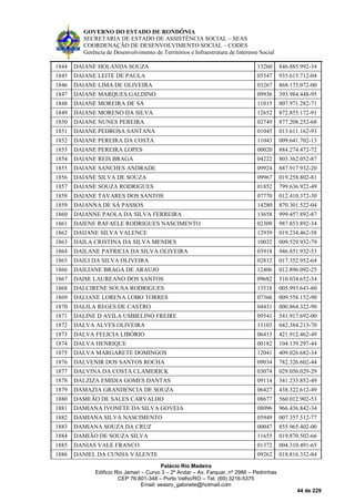 GOVERNO DO ESTADO DE RONDÔNIA
SECRETARIA DE ESTADO DE ASSISTÊNCIA SOCIAL – SEAS
COORDENAÇÃO DE DESENVOLVIMENTO SOCIAL – CODES
Gerência de Desenvolvimento de Territórios e Infraestrutura de Interesse Social
Palácio Rio Madeira
Edificio Rio Jamari – Curvo 3 – 2º Andar – Av. Farquar, nº 2986 – Pedrinhas
CEP 76.801-348 – Porto Velho/RO – Tel. (69) 3216-5375
Email: seasro_gabinete@hotmail.com
44 de 229
1844 DAIANE HOLANDA SOUZA 13260 846.885.992-34
1845 DAIANE LEITE DE PAULA 05547 935.615.712-04
1846 DAIANE LIMA DE OLIVEIRA 03267 868.175.072-00
1847 DAIANE MARQUES GALDINO 09936 393.984.448-95
1848 DAIANE MOREIRA DE SÁ 11015 007.971.282-71
1849 DAIANE MORENO DA SILVA 12652 872.855.172-91
1850 DAIANE NUNES PEREIRA 02749 877.208.252-68
1851 DAIANE PEDROSA SANTANA 01045 013.611.162-93
1852 DAIANE PEREIRA DA COSTA 11043 009.641.702-13
1853 DAIANE PEREIRA LOPES 00020 884.274.472-72
1854 DAIANE REIS BRAGA 04222 803.362.052-87
1855 DAIANE SANCHES ANDRADE 09924 887.917.932-20
1856 DAIANE SILVA DE SOUZA 09967 019.258.802-81
1857 DAIANE SOUZA RODRIGUES 01852 799.636.922-49
1858 DAIANE TAVARES DOS SANTOS 07770 012.410.372-30
1859 DAIANNA DE SÁ PASSOS 14280 870.301.522-04
1860 DAIANNE PAOLA DA SILVA FERREIRA 13658 999.457.892-87
1861 DAIENE RAFAELE RODRIGUES NASCIMENTO 02309 987.853.892-34
1862 DAIJANE SILVA VALENCE 12939 019.234.462-58
1863 DAILA CRISTINA DA SILVA MENDES 10032 009.529.932-79
1864 DAILANE PATRICIA DA SILVA OLIVEIRA 03918 946.851.932-53
1865 DAILI DA SILVA OLIVEIRA 02812 017.352.952-64
1866 DAILIANE BRAGA DE ARAUJO 12406 012.896.092-25
1867 DAISE LAUREANO DOS SANTOS 09682 510.034.652-34
1868 DALCIRENE SOUSA RODRIGUES 13518 005.993.643-60
1869 DALIANE LORENA LOBO TORRES 07366 009.558.152-90
1870 DALILA REGES DE CASTRO 04431 000.864.322-90
1871 DALINE D AVILA UMBELINO FREIRE 09541 541.917.692-00
1872 DALVA ALVES OLIVEIRA 13103 042.384.213-70
1873 DALVA FELICIA LIBÓRIO 06413 421.912.462-49
1874 DALVA HENRIQUE 00182 104.139.297-44
1875 DALVA MARGARETE DOMINGOS 12041 409.026.682-34
1876 DALVENIR DOS SANTOS ROCHA 09034 782.326.602-44
1877 DALVINA DA COSTA CLAMERICK 03074 029.056.029-29
1878 DALZIZA EMIDIA GOMES DANTAS 09114 341.233.852-49
1879 DAMAZIA GRANDENCIA DE SOUZA 06427 438.322.612-49
1880 DAMEÃO DE SALES CARVALHO 08677 560.012.902-53
1881 DAMIANA IVONETE DA SILVA GOVEIA 08096 966.436.842-34
1882 DAMIANA SILVA NASCIMENTO 05949 007.357.512-77
1883 DAMIANA SOUZA DA CRUZ 00047 855.965.402-00
1884 DAMIÃO DE SOUZA SILVA 11655 019.870.502-66
1885 DANIAS VALE FRANCO 01372 004.310.491-65
1886 DANIEL DA CUNHA VALENTE 09262 018.816.332-84
 