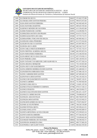 GOVERNO DO ESTADO DE RONDÔNIA
SECRETARIA DE ESTADO DE ASSISTÊNCIA SOCIAL – SEAS
COORDENAÇÃO DE DESENVOLVIMENTO SOCIAL – CODES
Gerência de Desenvolvimento de Territórios e Infraestrutura de Interesse Social
Palácio Rio Madeira
Edificio Rio Jamari – Curvo 3 – 2º Andar – Av. Farquar, nº 2986 – Pedrinhas
CEP 76.801-348 – Porto Velho/RO – Tel. (69) 3216-5375
Email: seasro_gabinete@hotmail.com
59 de 229
2489 ELCIMAR DA SILVA 06433 233.463.372-00
2490 ELCIMARA DOS SANTOS PEREIRA 01474 999.872.872-04
2491 ELDA DOS SANTOS FERREIRA 04379 965.485.682-49
2492 ELDA OLIVEIRA MARTINS 04247 889.625.392-68
2493 ELDENICE MENDES DE OLIVEIRA 04609 615.356.052-00
2494 ELDER PASSOS DE CASTRO 02991 214.290.902-78
2495 ELDERLÉRIA BATISTA DO PRADO 03058 014.515.752-03
2496 ELDINEAS BATISTA DE LIMA 05280 127.753.712-72
2497 ELDISSANDRA TOSCANO DE SOUZA 08526 685.003.862-15
2498 ELEIDIANE GIMA PINHEIRO 08973 815.572.562-68
2499 ELEILDO DA SILVA SANTOS 04647 655.887.892-53
2500 ELEM DA SILVA REIS 07160 002.362.712-37
2501 ELEN CARLA FREITAS ROBERTO 02117 727.521.732-53
2502 ELEN CRISTINA ALMEIDA SOUZA 12480 003.992.822-54
2503 ELEN FERNANDES FERREIRA 06169 672.388.583-04
2504 ELEN GREICI SILVA DAS CHAGAS 12172 027.574.582-13
2505 ELEN PEREIRA LIMA 12515 005.149.952-54
2506 ELEN TATIANE TAVARES DE CARVALHO SILVA 00699 631.977.582-34
2507 ELENA REGINA MOSQUIM 11211 752.183.052-00
2508 ELENA SILVA DO NASCIMENTO 04652 835.189.592-04
2509 ELENA SIMONE RODRIGUES DOS SANTOS 08489 421.608.042-15
2510 ELENCRISTINA MIRANDA FEIO 12057 527.606.182-34
2511 ELENE CARDOSO DOS SANTOS 00802 647.489.442-34
2512 ELENI PAIVA DOS SANTOS 13716 943.136.362-34
2513 ELENICE DO NASCIMENTO SANTOS 13417 768.897.182-91
2514 ELENICE LIBÓRIO 06143 751.983.042-04
2515 ELENICE LIMA SILVA 07349 118.091.107-50
2516 ELENICE PAULO ODORICO CAMINHA 07780 879.317.102-15
2517 ELENICE PEIXOTO 08516 340.524.962-72
2518 ELENICE SALUSTIANO DOS SANTOS 11787 001.631.132-97
2519 ELENILCE CARMO MATOS 03898 758.080.642-87
2520 ELENILDA ARAÚJO FELIX 08714 005.704.072-90
2521 ELENILDA DOS SANTOS 07637 422.535.942-53
2522 ELENILSON GOMES DA SILVA 04212 179.872.962-87
2523 ELENIR ALVES PETRINO 13987 768.245.192-00
2524 ELENIR FEITOSA MOTA 14310 285.950.412-53
2525 ELENIR ZANELATTO 06364 044.992.089-55
2526 ELENITA BENVINDA ALVES COELHO 07948 675.599.052-34
2527 ELENITA ROCHA RIBEIRO 08012 977.368.562-49
2528 ELENY DOS SANTOS PEREIRA 12972 710.450.662-49
2529 ELEOMAR FERREIRA DE OLIVEIRA 00060 720.390.942-53
2530 ELEONILDA MARQUES LIMA 08993 409.737.002-20
2531 ELEONORA CARVALHO VIANA 11693 002.662.292-04
 