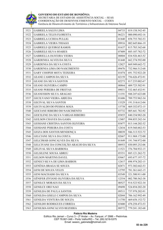 GOVERNO DO ESTADO DE RONDÔNIA
SECRETARIA DE ESTADO DE ASSISTÊNCIA SOCIAL – SEAS
COORDENAÇÃO DE DESENVOLVIMENTO SOCIAL – CODES
Gerência de Desenvolvimento de Territórios e Infraestrutura de Interesse Social
Palácio Rio Madeira
Edificio Rio Jamari – Curvo 3 – 2º Andar – Av. Farquar, nº 2986 – Pedrinhas
CEP 76.801-348 – Porto Velho/RO – Tel. (69) 3216-5375
Email: seasro_gabinete@hotmail.com
83 de 229
3521 GABRIELA SALES LIMA 04733 019.158.542-45
3522 GABRIELA TELES FLORESTA 06221 000.090.692-16
3523 GABRIELA UCHOA PULLIG 01840 858.755.702-53
3524 GABRIELA VIEIRA THIAGO 09916 082.645.866-19
3525 GABRIELE QUEIROZ RAMOS 01637 815.783.342-68
3526 GABRIELE SILVA SOARES 07409 885.107.782-72
3527 GABRIELLA OLIVEIRA VIEIRA 08804 034.926.463-52
3528 GARDENHA ALVES DA SILVA 01448 662.374.592-00
3529 GARDENIA DA SILVA COSTA 12827 869.949.642-72
3530 GARDENIA LIMA DO NASCIMENTO 09476 732.966.512-68
3531 GARY COOPER MOTA TEIXEIRA 01074 691.752.922-20
3532 GEANE CAMPOS DA SILVA 02159 756.626.472-91
3533 GEANE DA SILVA SANTOS 02273 017.235.002-67
3534 GEANE OLIVEIRA CAMPO 00864 409.725.502-91
3535 GEANE PEREIRA DE FREITAS 09031 532.465.432-91
3536 GEANESSON SILVA ARAGAO 11191 948.247.622-00
3537 GECILVANO VIEIRA ARRUDA 01606 709.753.962-34
3538 GECIVAL SILVA SANTOS 13329 191.314.612-04
3539 GECIVALDO DO PESSOA MAIA 13738 469.352.072-15
3540 GEICIANE RIBEIRO DO NASCIMENTO 03732 005.641.782-92
3541 GEICILENE DA SILVA VARGAS RIBEIRO 05855 840.354.982-20
3542 GEILSON CHAVES DA GAMA 12487 994.855.242-34
3543 GEISIANE CRISTINA SANTOS OLIVEIRA 03477 013.144.202-32
3544 GEISIANE PEREIRA DA COSTA 12434 819.560.882-53
3545 GEIZA DOS SANTOS MENDONÇA 08039 946.313.522-72
3546 GELCIANE SILVA DA COSTA 02667 911.968.172-00
3547 GELCIMAR GONCALVES DA SILVA 01849 191.744.972-00
3548 GELCIVANE DA CONCEIÇÃO ARAUJO DA SILVA 08953 030.095.252-06
3549 GELIVAL SILVA BARBOSA 11521 376.784.932-15
3550 GELSILENE SOUSA ABREU 05351 885.121.262-72
3551 GELSON MARTINS DAVEL 03667 695.677.197-72
3552 GENECI SILVA DE LIMA BARROS 12417 898.974.202-15
3553 GENÉSIA BRAGA SE SOUZA 02871 973.302.642-53
3554 GENI DE SOUZA VELES 12795 781.361.642-15
3555 GENI MACHADO DA SILVA 03549 321.500.911-00
3556 GÊNIFER ZIVIANE OLIVEIRA DA SILVA 12354 002.700.562-38
3557 GENILCE MORAES DA SILVA 00527 914.523.922-34
3558 GENILCE ORO NAO 09498 524.854.202-20
3559 GENILDA DE PAULA SANTOS 09511 737.978.202-91
3560 GENILDA GISELE CAMPOS DA SILVA 02044 706.162.992-49
3561 GENILDA VENTURA DE SOUZA 11750 469.658.152-72
3562 GENILDO RODRIGUES CORREIA 03400 478.258.472-53
3563 GENILMA GONCALVES BEZERRA 08572 779.241.182-68
 