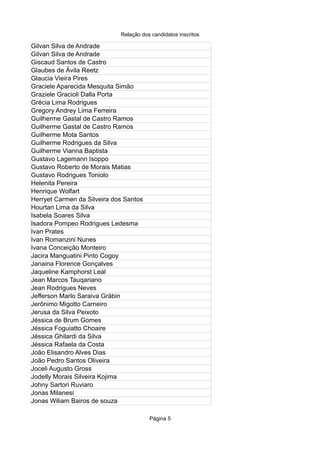 Relação dos candidatos inscritos
Página 5
Gilvan Silva de Andrade
Gilvan Silva de Andrade
Giscaud Santos de Castro
Glaubes de Ávila Reetz
Glaucia Vieira Pires
Graciele Aparecida Mesquita Simão
Graziele Gracioli Dalla Porta
Grécia Lima Rodrigues
Gregory Andrey Lima Ferreira
Guilherme Gastal de Castro Ramos
Guilherme Gastal de Castro Ramos
Guilherme Mota Santos
Guilherme Rodrigues da Silva
Guilherme Vianna Baptista
Gustavo Lagemann Isoppo
Gustavo Roberto de Morais Matias
Gustavo Rodrigues Toniolo
Helenita Pereira
Henrique Wolfart
Herryet Carmen da Silveira dos Santos
Hourtan Lima da Silva
Isabela Soares Silva
Isadora Pompeo Rodrigues Ledesma
Ivan Prates
Ivan Romanzini Nunes
Ivana Conceição Monteiro
Jacira Manguatini Pinto Cogoy
Janaina Florence Gonçalves
Jaqueline Kamphorst Leal
Jean Marcos Tauqariano
Jean Rodrigues Neves
Jefferson Marlo Saraiva Gräbin
Jerônimo Migotto Carneiro
Jerusa da Silva Peixoto
Jéssica de Brum Gomes
Jéssica Foguiatto Choaire
Jéssica Ghilardi da Silva
Jéssica Rafaela da Costa
João Elisandro Alves Dias
João Pedro Santos Oliveira
Joceli Augusto Gross
Jodelly Morais Silveira Kojima
Johny Sartori Ruviaro
Jonas Milanesi
Jonas Wiliam Bairos de souza
 