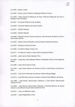 ,"
lnq 4384 - Edison Lobão
Inq 4462 - Eliseu Lemos Padilha e Wellington Moreira Franco
lnq 4452 - Fábio Salustino Mesquita de Faria, Robinson Mesquita de Faria e
Rosalba Ciarlini Rosado
Inq 4427 - Fernando Affonso Collor de Mello
lnq 4458 - Fernando Bezerra de Souza Coelho
lnq 4401 - Gilberto Kassab
lnq 4463 - Gilberto Kassab
lnq 4446 - Heberte Lamarck Gomes da Silva, José Feliciano de Barros Júnior e
José Ivaldo Gomes
lnq 4449 - Helder Zahluth Barbalho e Paulo Roberto Galvão da Rocha
lnq 4453 - Heráclito de Sousa Fortes
lnq 4383 - Humberto Sérgio Costa Lima
Inq 4411 - Ivo Narciso Cassol e João Carlos Gonçalves Ribeiro
lnq 4450 - João Carlos Paolilo Bacelar Filho
Inq 4393 - Jorge Ney Viana Macedo Neves e Sebastião Afonso Viana Macedo
Neves
lnq 4388 - José Carlos Aleluia Costa
lnq 4445 - José Carlos Becker de Oliveira e Silva e José Dirceu de Oliveira e
Silva
lnq 4447 - José Orcírio Miranda dos Santos e Blairo Borges Maggi
Inq 4412 - José Reinaldo Carneiro Tavares e Ulisses César Martins de Sousa
lnq 4389 - José Renan Vasconcelos Calheiros e José Renan Vasconcelos
Calheiros Filho
Inq 4464 - José Renan Vasconcelos Calheiros, Fernando Bezerra de Sousa
Coelho e José Renan Vasconcelos Calheiros Filho
lnq 4451 - Júlio Luiz Baptista Lopes
lnq 4397 - Jutahy Magalhães Júnior
5
 