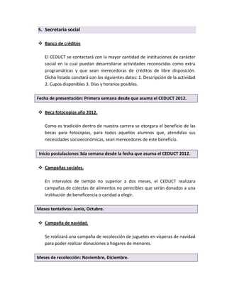 5. Secretaria social

 Banco de créditos

   El CEDUCT se contactará con la mayor cantidad de instituciones de carácter
   social en la cual puedan desarrollarse actividades reconocidas como extra
   programáticas y que sean merecedoras de créditos de libre disposición.
   Dicho listado constará con los siguientes datos: 1. Descripción de la actividad
   2. Cupos disponibles 3. Días y horarios posibles.

Fecha de presentación: Primera semana desde que asuma el CEDUCT 2012.

 Beca fotocopias año 2012.

   Como es tradición dentro de nuestra carrera se otorgara el beneficio de las
   becas para fotocopias, para todos aquellos alumnos que, atendidas sus
   necesidades socioeconómicas, sean merecedores de este beneficio.

 Inicio postulaciones 3da semana desde la fecha que asuma el CEDUCT 2012.

 Campañas sociales.

   En intervalos de tiempo no superior a dos meses, el CEDUCT realizara
   campañas de colectas de alimentos no perecibles que serán donados a una
   institución de beneficencia o caridad a elegir.

Meses tentativos: Junio, Octubre.

 Campaña de navidad.

   Se realizará una campaña de recolección de juguetes en vísperas de navidad
   para poder realizar donaciones a hogares de menores.

Meses de recolección: Noviembre, Diciembre.
 