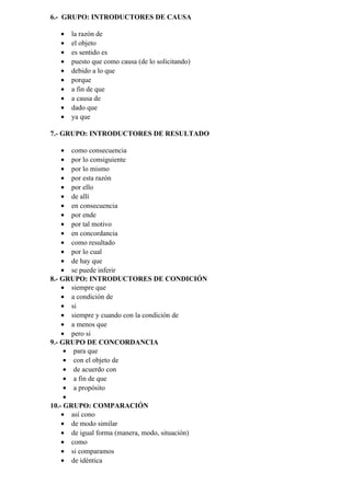 6.- GRUPO: INTRODUCTORES DE CAUSA
• la razón de
• el objeto
• es sentido es
• puesto que como causa (de lo solicitando)
• debido a lo que
• porque
• a fin de que
• a causa de
• dado que
• ya que
7.- GRUPO: INTRODUCTORES DE RESULTADO
• como consecuencia
• por lo consiguiente
• por lo mismo
• por esta razón
• por ello
• de allí
• en consecuencia
• por ende
• por tal motivo
• en concordancia
• como resultado
• por lo cual
• de hay que
• se puede inferir
8.- GRUPO: INTRODUCTORES DE CONDICIÓN
• siempre que
• a condición de
• si
• siempre y cuando con la condición de
• a menos que
• pero si
9.- GRUPO DE CONCORDANCIA
• para que
• con el objeto de
• de acuerdo con
• a fin de que
• a propósito
•
10.- GRUPO: COMPARACIÓN
• así cono
• de modo similar
• de igual forma (manera, modo, situación)
• como
• si comparamos
• de idéntica
 