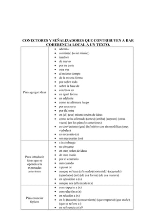 CONECTORES Y SEÑALIZADORES QUE CONTRIBUYEN A DAR
COHERENCIA LOCAL A UN TEXTO.
Para agregar ideas
• además
• asimismo (o así mismo)
• también
• de nuevo
• por su parte
• otra vez
• al mismo tiempo
• de la misma forma
• por sobre todo
• sobre la base de
• con basa en
• en igual forma
• en adelante
• como se afirmara luego
• por una parte
• por (la) otra
• en (el) (ese) mismo orden de ideas
• como se ha afirmado (antes) (arriba) (supram) (otras
veces) (en los párrafos anteriores)
• es conveniente (que) (infinitivo con sin modificaciones
verbales)
• es necesario (a)
• son necesarias (os)
Para introducir
ideas que se
oponen a la
expresadas
anteriores
• s in embargo
• no obstante
• en otro orden de ideas
• de otro modo
• por el contrario
• aun cuando
• a pesar de
• aunque se haya (afirmado) (sostenido) (aceptado)
(aprobado) (así) (de esa forma) (de esa manera)
• en oposición a (x)
• aunque sea (ello) (esto) (x)
Para enunciar
tópicos
• con respecto a (x)
• con relación a (x)
• en relación a (x)
• en lo (tocante) (concerniente) (que respecta) (que atañe)
(que se refiere a )
• en referencia a (x9
 