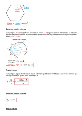 Soma dos ângulos internos
Num polígono de n lados podemos traçar de um vértice n - 3 diagonais e assim obteremos n - 2 triângulos.
A soma dos ângulos internos do polígono será igual à soma dos ângulos interno dos triângulos obtidos ou
seja >>>180o
. (n - 2).
Ângulo interno
Num polígono regular de n lados um ângulo externo é igual à soma dividida por n, da mesma maneira que
um ângulo interno é igual à soma dividida por n.
Soma dos ângulos externos.
Ângulo externo.
 