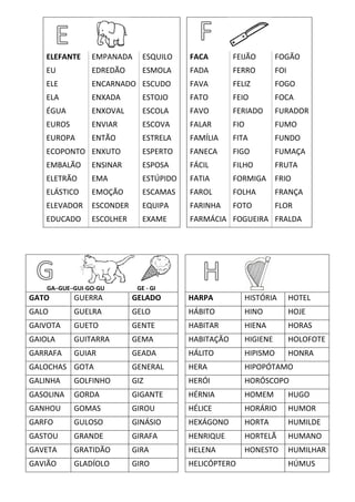 ELEFANTE EMPANADA ESQUILO FACA FEIJÃO FOGÃO
EU EDREDÃO ESMOLA FADA FERRO FOI
ELE ENCARNADO ESCUDO FAVA FELIZ FOGO
ELA ENXADA ESTOJO FATO FEIO FOCA
ÉGUA ENXOVAL ESCOLA FAVO FERIADO FURADOR
EUROS ENVIAR ESCOVA FALAR FIO FUMO
EUROPA ENTÃO ESTRELA FAMÍLIA FITA FUNDO
ECOPONTO ENXUTO ESPERTO FANECA FIGO FUMAÇA
EMBALÃO ENSINAR ESPOSA FÁCIL FILHO FRUTA
ELETRÃO EMA ESTÚPIDO FATIA FORMIGA FRIO
ELÁSTICO EMOÇÃO ESCAMAS FAROL FOLHA FRANÇA
ELEVADOR ESCONDER EQUIPA FARINHA FOTO FLOR
EDUCADO ESCOLHER EXAME FARMÁCIA FOGUEIRA FRALDA
GA–GUE–GUI-GO-GU GE - GI
GATO GUERRA GELADO HARPA HISTÓRIA HOTEL
GALO GUELRA GELO HÁBITO HINO HOJE
GAIVOTA GUETO GENTE HABITAR HIENA HORAS
GAIOLA GUITARRA GEMA HABITAÇÃO HIGIENE HOLOFOTE
GARRAFA GUIAR GEADA HÁLITO HIPISMO HONRA
GALOCHAS GOTA GENERAL HERA HIPOPÓTAMO
GALINHA GOLFINHO GIZ HERÓI HORÓSCOPO
GASOLINA GORDA GIGANTE HÉRNIA HOMEM HUGO
GANHOU GOMAS GIROU HÉLICE HORÁRIO HUMOR
GARFO GULOSO GINÁSIO HEXÁGONO HORTA HUMILDE
GASTOU GRANDE GIRAFA HENRIQUE HORTELÃ HUMANO
GAVETA GRATIDÃO GIRA HELENA HONESTO HUMILHAR
GAVIÃO GLADÍOLO GIRO HELICÓPTERO HÚMUS
 