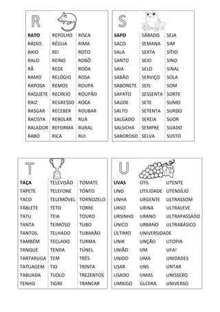 RATO REPOLHO RISCA SAPO SÁBADO SEJA
RÁDIO RÉGUA RIMA SACO SEMANA SIM
RAIO REI ROTO SALA SEXTA SÍTIO
RALO REINO ROBÔ SANTO SEIO SINO
RÃ REDE RODA SAIA SELO SINAL
RAMO RELÓGIO ROSA SABÃO SERVIÇO SOLA
RAPOSA REMOS ROUPA SABONETE SEIS SOM
RAQUETE RECREIO ROUPÃO SAPATO SESSENTA SORTE
RAIZ REGRESSO ROCA SAÚDE SETE SUMO
RASGAR RECEBER ROUBAR SALTO SETENTA SURDO
RACISTA REBOLAR RUA SALGADO SEREIA SUOR
RALADOR REFORMA RURAL SALSICHA SEMPRE SUADO
RABO RICA RUI SABOROSO SELVA SUSTO
TAÇA TELEVISÃO TOMATE UVAS ÚTIL UTENTE
TAPETE TELEFONE TONTO UNO UTILIDADE UTENSÍLIO
TACO TELEMÓVEL TORNOZELO UNHA URGENTE ULTRASSOM
TÁBLETE TETO TORRE URSO URINA ULTRALEVE
TATU TEIA TOURO URSINHO URANO ULTRAPASSADO
TANTA TEIMOSO TUBO ÚNICO URBANO ULTRABÁSICO
TANTOS TELHADO TUBARÃO ÚLTIMO UNIVERSIDADE
TAMBÉM TECLADO TURMA UNIR UNÇÃO UTOPIA
TANQUE TENDA TÚNEL UNIÃO UM UFA!
TARTARUGA TEM TRÊS UNIDO UMA UNIDADES
TATUAGEM TIO TRINTA USAR UNS UNTAR
TABUADA TIJOLO TREZENTOS USADO UMAS UNISSEXO
TENHO TIGRE TRANCAR UMBIGO ÚLCERA UNIVERSO
 