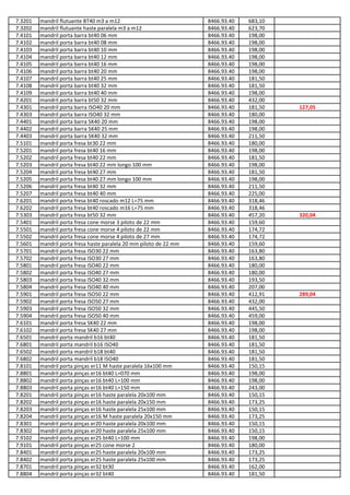 7.3201 mandril flutuante BT40 m3 a m12 8466.93.40 683,10
7.3202 mandril flutuante haste paralela m3 a m12 8466.93.40 623,70
7.4101 mandril porta barra bt40 06 mm 8466.93.40 198,00
7.4102 mandril porta barra bt40 08 mm 8466.93.40 198,00
7.4103 mandril porta barra bt40 10 mm 8466.93.40 198,00
7.4104 mandril porta barra bt40 12 mm 8466.93.40 198,00
7.4105 mandril porta barra bt40 16 mm 8466.93.40 198,00
7.4106 mandril porta barra bt40 20 mm 8466.93.40 198,00
7.4107 mandril porta barra bt40 25 mm 8466.93.40 181,50
7.4108 mandril porta barra bt40 32 mm 8466.93.40 181,50
7.4109 mandril porta barra bt40 40 mm 8466.93.40 198,00
7.4201 mandril porta barra bt50 32 mm 8466.93.40 432,00
7.4301 mandril porta barra ISO40 20 mm 8466.93.40 181,50 127,05
7.4303 mandril porta barra ISO40 32 mm 8466.93.40 180,00
7.4401 mandril porta barra SK40 20 mm 8466.93.40 198,00
7.4402 mandril porta barra SK40 25 mm 8466.93.40 198,00
7.4403 mandril porta barra SK40 32 mm 8466.93.40 211,50
7.5101 mandril porta fresa bt30 22 mm 8466.93.40 180,00
7.5201 mandril porta fresa bt40 16 mm 8466.93.40 198,00
7.5202 mandril porta fresa bt40 22 mm 8466.93.40 181,50
7.5203 mandril porta fresa bt40 22 mm longo 100 mm 8466.93.40 198,00
7.5204 mandril porta fresa bt40 27 mm 8466.93.40 181,50
7.5205 mandril porta fresa bt40 27 mm longo 100 mm 8466.93.40 198,00
7.5206 mandril porta fresa bt40 32 mm 8466.93.40 211,50
7.5207 mandril porta fresa bt40 40 mm 8466.93.40 225,00
7.6201 mandril porta fresa bt40 roscado m12 L=75 mm 8466.93.40 318,46
7.6202 mandril porta fresa bt40 roscado m16 L=75 mm 8466.93.40 318,46
7.5303 mandril porta fresa bt50 32 mm 8466.93.40 457,20 320,04
7.5401 mandril porta fresa cone morse 3 piloto de 22 mm 8466.93.40 159,60
7.5501 mandril porta fresa cone morse 4 piloto de 22 mm 8466.93.40 174,72
7.5502 mandril porta fresa cone morse 4 piloto de 27 mm 8466.93.40 174,72
7.5601 mandril porta fresa haste paralela 20 mm piloto de 22 mm 8466.93.40 159,60
7.5701 mandril porta fresa ISO30 22 mm 8466.93.40 163,80
7.5702 mandril porta fresa ISO30 27 mm 8466.93.40 163,80
7.5801 mandril porta fresa ISO40 22 mm 8466.93.40 180,00
7.5802 mandril porta fresa ISO40 27 mm 8466.93.40 180,00
7.5803 mandril porta fresa ISO40 32 mm 8466.93.40 193,50
7.5804 mandril porta fresa ISO40 40 mm 8466.93.40 207,00
7.5901 mandril porta fresa ISO50 22 mm 8466.93.40 412,91 289,04
7.5902 mandril porta fresa ISO50 27 mm 8466.93.40 432,00
7.5903 mandril porta fresa ISO50 32 mm 8466.93.40 445,50
7.5904 mandril porta fresa ISO50 40 mm 8466.93.40 459,00
7.6101 mandril porta fresa SK40 22 mm 8466.93.40 198,00
7.6102 mandril porta fresa SK40 27 mm 8466.93.40 198,00
7.6501 mandril porta mandril b16 bt40 8466.93.40 181,50
7.6801 mandril porta mandril b16 ISO40 8466.93.40 181,50
7.6502 mandril porta mandril b18 bt40 8466.93.40 181,50
7.6802 mandril porta mandril b18 ISO40 8466.93.40 181,50
7.8101 mandril porta pinças er11 M haste paralela 16x100 mm 8466.93.40 150,15
7.8801 mandril porta pinças er16 bt40 L=070 mm 8466.93.40 198,00
7.8802 mandril porta pinças er16 bt40 L=100 mm 8466.93.40 198,00
7.8803 mandril porta pinças er16 bt40 L=150 mm 8466.93.40 243,00
7.8201 mandril porta pinças er16 haste paralela 20x100 mm 8466.93.40 150,15
7.8202 mandril porta pinças er16 haste paralela 20x150 mm 8466.93.40 173,25
7.8203 mandril porta pinças er16 haste paralela 25x100 mm 8466.93.40 150,15
7.8204 mandril porta pinças er16 M haste paralela 20x150 mm 8466.93.40 173,25
7.8301 mandril porta pinças er20 haste paralela 20x100 mm 8466.93.40 150,15
7.8302 mandril porta pinças er20 haste paralela 25x100 mm 8466.93.40 150,15
7.9102 mandril porta pinças er25 bt40 L=100 mm 8466.93.40 198,00
7.9101 mandril porta pinças er25 cone morse 2 8466.93.40 180,00
7.8401 mandril porta pinças er25 haste paralela 20x100 mm 8466.93.40 173,25
7.8402 mandril porta pinças er25 haste paralela 25x100 mm 8466.93.40 173,25
7.8701 mandril porta pinças er32 bt30 8466.93.40 162,00
7.8804 mandril porta pinças er32 bt40 8466.93.40 181,50
 
