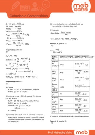 d 1,00 g mL 1.000 g L
Em 1litro (1.000 mL) :
1.000 g
 
NaC
100%
m
NaC
0,90%
0,90% 1.000 g
m 9,0 g
100%
9,0 g

 
NaC
1.000 mL
m'
NaC
500 mL
9,0 g 500 mL
m' 4,50 g
1.000 mL

 
Resposta da questão 10:
[D]
6 12 6
3
1
3
2
1
6 12 6
C H O 180
mg 126 10 g
Diabetes: 126
dL L10
126 10 g g
c 126 10
L L10
1mol (C H O )









  
180 g
n 2
3
6 12 6
126 10 g
n 0,007 mol
[C H O ] 0,007 mol / L 7 10 mol / L




  
Resposta da questão 11:
[A]
[A] Correta.
0,5M 0,5 mol /L, assim haverá 0,5 mol de
4CuSO por litro de solução.
[B] Incorreta. A cada 1.000 mL, ou seja, 1L teremos
0,5 mol de CuS.
0,5M 0,5 mol /L, assim haverá 0,5 mol de
4CuSO por litro de solução.
41 mol de CuSO 159,5g
0,5 mol x
x 79,75g
[C] Incorreta. Para ser um ácido de Arrhenius, o composto
deverá liberar, em solução aquosa o cátion H ,
que no
caso do sulfato de cobre, não temos esse elemento em
sua composição.
[D] Incorreta. Se diluirmos a solução de 0,5M sua
concentração irá diminuir ainda mais.
[E] Incorreta.
Conc. comum
Conc. Molar =
MM
Conc. comum = 0,5 159,5 79,75g / L 
Resposta da questão 12:
[D]
1
m (g)
n
M (g mol )


SUBSTÂ
NCIA
1
CONCENTRAÇÃO mg L 1
CONCENTRAÇÃO mol L
Bicarbon
ato
3(HCO ) 6.100
3
6.100 10
0,1
61



Bário
2
(Ba ) 412
3
412 10
0,003
137



Cálcio
2
(Ca ) 2.000
3
2.000 10
0,05
40



Dióxido
de
carbono
2(CO )
1.100
3
1.100 10
0,025
44



Fluoreto
(F ) 19
3
19 10
0,001
19



Magnési
o
2
(Mg )
729
3
729 10
0,03
24



Potássio
(K ) 390
3
390 10
0,01
39



Sódio
(Na ) 460
3
460 10
0,02
23



O correto é: 0,003 mol de bário e 0,03 mol de magnésio.
Resposta da questão 13:
[A]
 