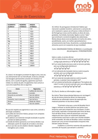 ELEMENTO
QUÍMICO
NÚMERO
ATÔMICO
MASSA
ATÔMICA
H 1 1,0
C 6 12,0
N 7 14,0
O 8 16,0
Na 11 23,0
Mg 12 24,3
A 13 27,0
S 16 32,0
C 17 35,5
Ca 20 40,0
Ti 22 48,0
Cr 24 52,0
Fe 26 56,0
Co 27 59,0
Cd 48 112,5
Hg 80 200,6
31. (Uece) As tatuagens já existem há alguns anos, mas seu
uso ultimamente tem-se intensificado. A técnica utilizada
nas tatuagens permanentes consiste em introduzir na
derme, com o auxílio de agulhas, pigmentos que ficam
retidos nas células da pele. Os pigmentos mais comuns e
suas cores específicas são as seguintes:
Cores Pigmentos
Preto Sulfeto de mercúrio
Preto Carbono (carvão)
Amarelo ou vermelho Sais de cádmio
Verde Sais de crômio
Castanho, rosa e amarelo Sais de ferro
Branco Óxido de Titânio
Azul Sais de cobalto
No que diz respeito aos pigmentos e suas cores, assinale a
afirmação verdadeira.
a) O sulfeto de mercúrio é tóxico, porque é um composto
químico orgânico.
b) O cádmio é um metal de transição localizado no quinto
período da tabela periódica.
c) O óxido de titânio apresenta a cor branca devido a sua
obtenção a partir da reação de um ácido e uma base.
d) A cor azul dos sais de cobalto é devido à ligação do
hidrogênio com o metal.
32. (Ufsm) Os portugueses introduziram hábitos que
marcaram o paladar brasileiro: valorizaram o consumo do
sal e revelaram o açúcar aos africanos e índios do Brasil. E
de Portugal que nossa cozinha adotou os doces de ovos,
goiabada, marmelada, bananada, figada e outras “adas”
que constituem o arsenal energético das sobremesas.
Muitos desses doces eram produzidos em tachos de cobre,
possibilitando, assim, um melhor aproveitamento e
armazenamento das frutas. Atualmente, a produção desses
alimentos ocorre em recipientes de aço inoxidável.
Fonte: UNIVERSIDADE FEDERAL DE BRASILIA. A contribuição
dos portugueses. ATAN/DAB/SPS/MS.
Sobre o cobre, é correto afirmar:
a) É um metal alcalino e está no quarto período, pois sua
configuração eletrônica é 2 6 2 8 2 8 1
1s 1p 2s 2p 3s 3p 4s .
b) É um metal alcalino terroso e está no terceiro período,
pois sua configuração eletrônica é
2 2 6 2 6 2
1s 2s 2p 3s 3p 4s .
c) É um elemento de transição interna e está no quarto
período, pois sua configuração eletrônica é
2 2 6 2 6 2 9
1s 2s 2p 3s 3p 4s 3d .
d) É um metal de transição externa e está no quarto
período, e subnível mais energético 3d10
.
e) É um ametal da família dos calcogêneos (“formadores de
cobre”) e está no terceiro período, pois sua configuração
eletrônica é 2 2 6 2 6 2 9
1s 2s 2p 3s 3p 4s 3d .
33. (Pucrs) Analise as informações a seguir.
Na notícia “Nova Iorque planeja liderança em reciclagem”,
do site da Science American Brasil, há importantes
referências ao sofisticado sistema de separação dos
materiais presentes no lixo dessa cidade.
“A primeira coisa que a usina do Brooklyn fará é
rasgar e remover as sacolas plásticas que tantos nova-
iorquinos usam para empacotar seus recicláveis. O vidro
será moído, separado e transportado pelo Porto de Nova
York até Nova Jersey, onde ele passará por uma nova
máquina de raios-x para ser novamente separado;
contaminantes como boro e vidro com chumbo também
serão removidos. De volta ao Brooklyn, outros recicláveis
passam por uma correia transportadora enquanto ímãs
extraem metais ferrosos.
O plástico e o alumínio restantes são passados por
correntes de Foucault, que extraem o alumínio.”
 