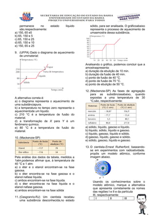 permanece no estado líquido
são,respectivamente:
a) 150, 65 e5
b) 65, 150 e 5
c) 65, 150 e 25
d) 65, 150 e 10
e) 150, 65 e 25
9. (UFPA) Dado o diagrama de aquecimento
de ummaterial:
A alternativa correta é:
a) o diagrama representa o aquecimento de
uma substânciapura.
b) a temperatura no tempo zero representa o
aquecimentode um líquido.
c) 210 °C é a temperatura de fusão do
material.
d) a transformação de X para Y é um
fenômeno químico.
e) 80 °C é a temperatura de fusão do
material.
10. (Mackenzie-SP)
Pela análise dos dados da tabela, medidos a
1atm,podemos afirmar que, à temperatura de
40 °C e 1 atm:
a) o éter e o etanol encontram-se na fase
gasosa.
b) o éter encontra-se na fase gasosa e o
etanol nafase líquida.
c) ambos encontram-se na fase líquida.
d) o éter encontra-se na fase líquida e o
etanol nafase gasosa.
e) ambos encontram-se na fase sólida
11. (Cesgranrio-RJ) Um cientista recebeu
uma substância desconhecida,no estado
sólido, para ser analisada. O gráficoabaixo
representa o processo de aquecimento de
umaamostra dessa substância.
Analisando o gráfico, podemos concluir que a
amostraapresenta:
a) duração da ebulição de 10 min.
b) duração da fusão de 40 min.
c) ponto de fusão de 40 °C.
d) ponto de fusão de 70 °C.
e) ponto de ebulição de 50 °C.
12. (Mackenzie-SP) As fases de agregação
para as substânciasabaixo, quando
expostas a uma temperatura de 30
°C,são, respectivamente:
a) sólido, líquido, gasoso e líquido.
b) líquido, sólido, líquido e gasoso.
c) líquido, gasoso, líquido e sólido.
d) gasoso, líquido, gasoso e sólido.
e) sólido, gasoso, líquido e gasoso.
13. O cientista Ernest Rutherford, baseando-
se em experimentos com radioatividade.
propôs um modelo atômico, conforme
imagem abaixo.
Usando os conhecimentos sobre o
modelo atômico, marque a alternatica
que apresenta corretamente os nomes
das regiões I e II e da partícula
III, respectivamente:
I II III
 