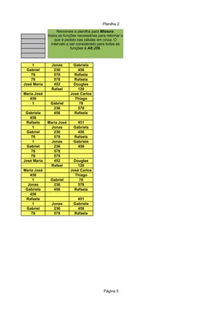 Planilha 2
Página 5
1 Jonas Gabriela
Gabriel 236 456
78 578 Rafaela
78 578 Rafaela
José Maria 452 Douglas
Rafael 120
Maria José José Carlos
450 Thiago
1 Gabriel 78
236 578
Gabriela 456 Rafaela
456
Rafaela Maria José 451
1 Jonas Gabriela
Gabriel 236 456
78 578 Rafaela
1 Jonas Gabriela
Gabriel 236 456
78 578
78 578
José Maria 452 Douglas
Rafael 120
Maria José José Carlos
450 Thiago
1 Gabriel 78
Jonas 236 578
Gabriela 456 Rafaela
456
Rafaela 451
1 Jonas Gabriela
Gabriel 236 456
78 578 Rafaela
Renomeie a planilha para Mistura.
Insira as funções necessárias para retornar o
que é pedido nas células em cinza. O
intervalo a ser considerado para todas as
funções é A8:J39.
 