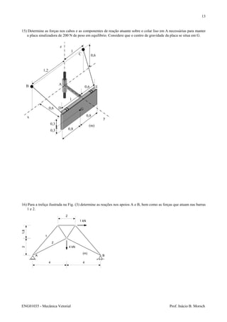 ENG01035 - Mecânica Vetorial Prof. Inácio B. Morsch
13
15) Determine as forças nos cabos e as componentes de reação atuante sobre o colar liso em A necessárias para manter
a placa sinalizadora de 200 N de peso em equilíbrio. Considere que o centro de gravidade da placa se situa em G.
16) Para a treliça ilustrada na Fig. (3) determine as reações nos apoios A e B, bem como as forças que atuam nas barras
1 e 2.
21,8
2
4 4
1 kN
A B
4 kN
1
2
(m)
0,8
0,8
(m)
G
0,3
0,3
0,6
1
0,6
1,2
1
0,6
z
yx
AB
C
D
E
 