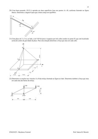 ENG01035 - Mecânica Vetorial Prof. Inácio B. Morsch
15
20) Uma barra pesando 150 N é apoiada em duas superfícies lisas nos pontos A e B, conforme ilustrado na figura
abaixo. Determine o ângulo θ para que a barra esteja em equilíbrio.
21) Uma placa de 2 x 3 m, ao lado, e de 5 kN de peso é suspensa por três cabos unidos no ponto D, que está localizado
acima do centro de gravidade da placa. Para esta situação determine a força que atua em cada cabo.
22) Determine as reações nos vínculos A e B da treliça ilustrada na figura ao lado. Determine também a força que atua
em cada uma das barras da treliça.
47°
θ
6m
A
B
2,5m
y
x
z
A
B
C
D
1,5 m 1,5 m
1 m
1 m
3 m 3 m
1,4m
2 kN 3 kN
A B
 