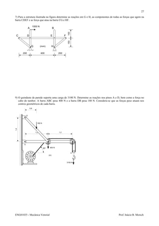 ENG01035 - Mecânica Vetorial Prof. Inácio B. Morsch
27
1,21,2
1,2
3100 N
60o
A
B C
D
E
400 N
180 N
0,6
(m)
7) Para a estrutura ilustrada na figura determine as reações em G e H, as componentes de todas as forças que agem na
barra CDEF e as força que atua na barra CG e HF.
9) O guindaste de parede suporta uma carga de 3100 N. Determine as reações nos pinos A e D, bem como a força no
cabo do tambor. A barra ABC pesa 400 N e a barra DB pesa 180 N. Considera-se que as forças peso atuam nos
centros geométricos de cada barra.
200 400 200
150150
A B
C D E F
G H
1000 N
(mm)
 
