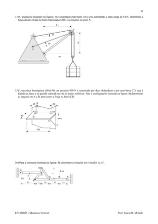 ENG01035 - Mecânica Vetorial Prof. Inácio B. Morsch
37
34) O guindaste ilustrado na figura (4) é sustentado pela barra AB e está submetido a uma carga de 8 kN. Determine a
força desenvolvida na barra tracionadora BC e as reações no pino A.
35) Uma placa homogênea (60x150) cm pesando 800 N é sustentada por duas dobradiças e por uma barra CD, que é
fixada na placa e na parede vertical através de juntas esféricas. Para a configuração ilustrada na figura (4) determinar
as reações em A e B, bem como a força na barra CD.
36) Para a estrutura ilustrada na figura (4), determine as reações nos vínculos A e F.
1,8
A
B
C
D
2,4
(m)
10°
20°
x
y
z
A B
C
D
150
60
25 25
(cm)
A
B
C
D
E F
2,5 1 1,4 1,75 1,5
1,2
2
5 kN
(m)
 