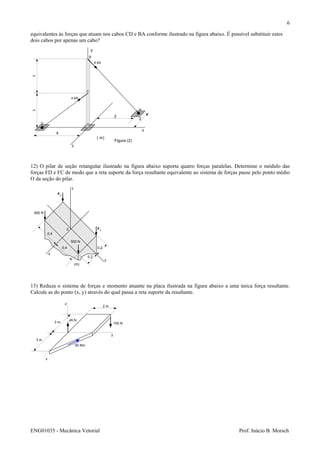 ENG01035 - Mecânica Vetorial Prof. Inácio B. Morsch
6
equivalentes às forças que atuam nos cabos CD e BA conforme ilustrado na figura abaixo. É possível substituir estes
dois cabos por apenas um cabo?
12) O pilar de seção retangular ilustrado na figura abaixo suporta quatro forças paralelas. Determine o módulo das
forças FD e FC de modo que a reta suporte da força resultante equivalente ao sistema de forças passe pelo ponto médio
O da seção do pilar.
13) Reduza o sistema de forças e momento atuante na placa ilustrada na figura abaixo a uma única força resultante.
Calcule as do ponto (x, y) através do qual passa a reta suporte da resultante.
x
z
y
4
( m)
3
2
A
B
33
D
C
O
4 kN
6 kN
Figura (2)
600 N
500 N
0 FC
FD
z
x
y
0,4
0,4
0,2
0,2
(m)
x
z
y
3 m
3 m
2 m
45 N
150 N
50 Nm
 