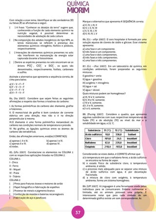 37
Com relação a esse tema, identifique se são verdadeiras (V)
ou falsas (F) as afirmativas a seguir.
( ) A frase: “Conhecer os desejos da terra” sugere que,
conhecendo a função de cada elemento químico na
nutrição vegetal, é possível determinar as
necessidades de adubação de cada cultura.
( ) Na composição dos adubos inorgânicos do tipo NPK, as
letras maiúsculas se referem à presença dos
elementos químicos nitrogênio, fósforo e potássio,
respectivamente.
( ) Interações de elementos químicos presentes no solo
não interferem na manutenção da energia solar
capturada durante a fotossíntese.
( ) Dentre as espécies presentes no solo encontram-se os
ânions
3
4PO 
,
2
3CO 
e
2
4SO 
, os quais são
denominados, respectivamente, fosfato, carbonato
e sulfito.
Assinale a alternativa que apresenta a sequência correta, de
cima para baixo.
a) V – V – F – F
b) F – V – V – F
c) V – F – F – V
d) V – F – V – F
84. (Ita 2007) Considere que sejam feitas as seguintes
afirmações a respeito das formas cristalinas do carbono:
I. As formas polimórficas do carbono são: diamante, grafite
e fulerenos.
II. O monocristal de grafite é bom condutor de corrente
elétrica em uma direção, mas não o é na direção
perpendicular à mesma.
III.O diamante é uma forma polimórfica metaestável do
carbono nas condições normais de temperatura e pressão.
IV. No grafite, as ligações químicas entre os átomos de
carbono são tetraédricas.
Então, das afirmações anteriores, está(ão) CORRETA(S)
a) apenas I, II e III. b) apenas I e III.
c) apenas II e IV. d) apenas IV.
e) todas.
85. (Ufu 2007) Correlacione os elementos na COLUNA 1
com as respectivas aplicações listadas na COLUNA 2.
COLUNA 1
I - Zinco
II - Ferro
III - Níquel
IV - Prata
V - Titânio
COLUNA 2
( ) Pinos para fraturas ósseas e motores de avião
( ) Papel fotográfico e fabricação de espelhos
( ) Protetor de metais e pigmento branco
( ) Confecção de moedas e baterias recarregáveis
( ) Fabricação de aço e parafusos
Marque a alternativa que apresenta A SEQUÊNCIA correta.
a) V, IV, I, III, II
b) V, I, II, IV, III
c) II, V, III, I, IV
d) II, III, IV, I, V
86. (G1 - utfpr 2007) O soro hospitalar é formado por uma
solução aquosa de cloreto de sódio e glicose. Esse sistema
apresenta:
a) uma fase e um componente.
b) três fases e um componente.
c) uma fase e dois componentes.
d) três fases e três componentes.
e) uma fase e três componentes.
87. (G1 - cftsc 2007) Em um laboratório de química, em
condições ambientais, foram preparadas as seguintes
misturas:
I) gasolina + areia
II) água + gasolina
III) oxigênio + nitrogênio
IV) água + sal
V) água + álcool
Quais misturas podem ser homogêneas?
a) III, IV e V, somente.
b) II, III e IV, somente.
c) IV e V, somente.
d) I, II e IV, somente.
e) I e II, somente.
88. (Pucmg 2007) Considere o quadro, que apresenta
algumas substâncias com suas respectivas temperaturas de
fusão (TF) e de ebulição (TE) ao nível do mar e a
solubilidade em água, a 25
°
C.
Considerando-se esses dados, é CORRETO afirmar que:
a) à temperatura em que o naftaleno ferve, o ácido sulfúrico
se encontra na forma de vapor.
b) o estado físico da substância cloro, à temperatura
ambiente, é sólido.
c) o processo mais adequado para se separar uma mistura
de ácido sulfúrico com água, é por decantação
fracionada.
d) a mistura de cloro com oxigênio, à temperatura
ambiente, forma um sistema homogêneo.
89. (Uff 2007) A Linguagem é uma ferramenta usada pelos
indivíduos para se comunicarem. Embora rudimentar e
limitada, até os animais possuem uma própria. É
interessante notar que para cada símbolo de um
determinado gráfico existe um som correspondente. As
 