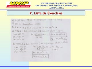 2. Lista de Exercícios2. Lista de Exercícios
UNIVERSIDADE PAULISTA - UNIP
ENGENHARIA MECATRÔNICA, PRODUÇÃO E
AERONÁUTICA
 