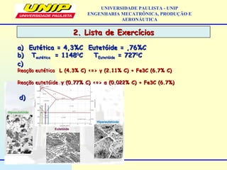 2. Lista de Exercícios2. Lista de Exercícios
UNIVERSIDADE PAULISTA - UNIP
ENGENHARIA MECATRÔNICA, PRODUÇÃO E
AERONÁUTICA
d)d)
a)a) Eutética = 4,3%C Eutetóide = ,76%CEutética = 4,3%C Eutetóide = ,76%C
b)b) TTeutéticaeutética = 1148= 114800
C TC TEutetóideEutetóide = 727= 72700
CC
c)c)
Reação eutéticaReação eutética L (4.3% C) <=> γ (2.11% C) + Fe3C (6.7% C)L (4.3% C) <=> γ (2.11% C) + Fe3C (6.7% C)
Reação eutetóideReação eutetóide γ (0.77% C) <=> α (0.022% C) + Fe3C (6.7%)γ (0.77% C) <=> α (0.022% C) + Fe3C (6.7%)
 