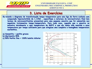 UNIVERSIDADE PAULISTA - UNIP
ENGENHARIA MECATRÔNICA, PRODUÇÃO E
AERONÁUTICA
9)9) Usando o diagrama de transformação tempo-temperatura para uma liga de ferro-carbono comUsando o diagrama de transformação tempo-temperatura para uma liga de ferro-carbono com
composição hipereutetóide de 1,13%C , especifique a natureza da microestrutura final (emcomposição hipereutetóide de 1,13%C , especifique a natureza da microestrutura final (em
termos de microconstituintes presentes) para uma pequena amostra que foi submetida aostermos de microconstituintes presentes) para uma pequena amostra que foi submetida aos
seguintes tratamentos tempo-temperatura. Para cada caso, suponha que a amostra seseguintes tratamentos tempo-temperatura. Para cada caso, suponha que a amostra se
encontra inicialmente a uma temperatura de 860encontra inicialmente a uma temperatura de 86000
C e que ela tenha sido mantida a essaC e que ela tenha sido mantida a essa
temperatura por tempo suficiente para que atingisse uma completa e homogênea temperaturatemperatura por tempo suficiente para que atingisse uma completa e homogênea temperatura
austenítica.austenítica.
a) Cementita + perlita grossaa) Cementita + perlita grossa
b) Martensita 90%b) Martensita 90%
c) 50% Perlita fina + 100% bainita inferiorc) 50% Perlita fina + 100% bainita inferior
3. Lista de Exercícios3. Lista de Exercícios
 