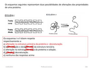 Os esquemas seguintes representam duas possibilidades de alterações das propriedades
de uma proteína.
Os esquemas I e II dizem respeito
respectivamente a:
a) alteração na estrutura primária da proteína e desnaturação.
b) desnaturação e desligamento da estrutura terciária.
c) alteração na estrutura terciária da proteína e solação.
d) solação e desnaturação.
e) nenhuma das respostas acima
11/05/2015 103Professora Ionara
 