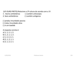 (UF-OURO PRETO) Relacione a 2ª coluna de acordo com a 1ª:
1 . Vacina antitetânica ( ) contém anticorpos
2. Soro antitetânico ( ) contém antígenos
( ) produz imunidade passiva
( ) induz imunidade ativa
( ) é um toxóide
A resposta correta é:
a) 1, 1, 2, 1, 2.
b) 1, 2, 1, 1, 2.
c) 1, 2, 2, 2, 1.
d) 2, 1, 2, 1, 1.
e) 2, 1, 2, 2, 1.
11/05/2015 110Professora Ionara
 