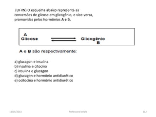 (UFRN) O esquema abaixo representa as
conversões de glicose em glicogênio, e vice-versa,
promovidas pelos hormônios A e B.
a) glucagon e insulina
b) insulina e citocina
c) insulina e glucagon
d) glucagon e hormônio antidiurético
e) ocitocina e hormônio antidiurético
11/05/2015 112Professora Ionara
 