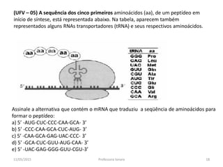 (UFV – 05) A sequência dos cinco primeiros aminoácidos (aa), de um peptídeo em
início de síntese, está representada abaixo. Na tabela, aparecem também
representados alguns RNAs transportadores (tRNA) e seus respectivos aminoácidos.
Assinale a alternativa que contém o mRNA que traduziu a seqüência de aminoácidos para
formar o peptídeo:
a) 5’ -AUG-CUC-CCC-CAA-GCA- 3’
b) 5’ -CCC-CAA-GCA-CUC-AUG- 3’
c) 5’ -CAA-GCA-GAG-UAC-CCC- 3’
d) 5’ -GCA-CUC-GUU-AUG-CAA- 3’
e) 5’ -UAC-GAG-GGG-GUU-CGU-3’
11/05/2015 18Professora Ionara
 