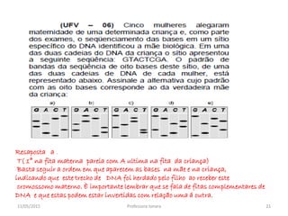 Resaposta a .
T( 1° na fita materna pareia com A ultima na fita da criança)
Basta seguir a ordem em que aparecem as bases na mãe e na criança,
indicando que este trecho de DNA foi herdado pelo filho ao receber este
cromossomo materno. È importante lembrar que se fala de fitas complementares de
DNA e que estas podem estar invertidas com relação uma á outra.
11/05/2015 21Professora Ionara
 