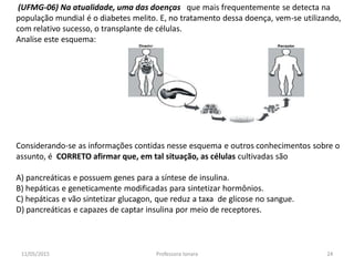 (UFMG-06) Na atualidade, uma das doenças que mais frequentemente se detecta na
população mundial é o diabetes melito. E, no tratamento dessa doença, vem-se utilizando,
com relativo sucesso, o transplante de células.
Analise este esquema:
Considerando-se as informações contidas nesse esquema e outros conhecimentos sobre o
assunto, é CORRETO afirmar que, em tal situação, as células cultivadas são
A) pancreáticas e possuem genes para a síntese de insulina.
B) hepáticas e geneticamente modificadas para sintetizar hormônios.
C) hepáticas e vão sintetizar glucagon, que reduz a taxa de glicose no sangue.
D) pancreáticas e capazes de captar insulina por meio de receptores.
11/05/2015 24Professora Ionara
 