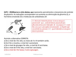 (UFV – 05)Observe o ciclo abaixo, que representa parcialmente o mecanismo de controle
da glicemia. As indicações correspondem ao aumento ou diminuição da glicemia (I), o
hormônio envolvido (II) e moléculas de carboidratos (III
Assinale a alternativa CORRETA:
a) Se o nível de I for alto, os níveis de II e III também serão.
b) Se II for a insulina, o nível de I aumentará.
c) Se o nível de glucagon for alto, o nivel de III será baixo.
d) Se o nível de III for alto, o nivel de I será baixo.
e) Se o nível de I for baixo, II será o glucagon.
(I ) deve ser a taxa de glicose livre no sangue (
glicewmia) que , estando baixa, passando pelo
pâncreas estimula a liberação de Glucagon( II) e este
faz com que o glicogênio armazenado no fígado seja
convertido em glicose ( III ) que é liberada no sangue e
eleva a glicemia
11/05/2015 7Professora Ionara
 