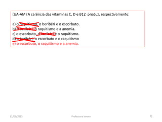 (UA-AM) A carência das vitaminas C, D e B12 produz, respectivamente:
a) o raquitismo, o beribéri e o escorbuto.
b) o beribéri, o raquitismo e a anemia.
c) o escorbuto, o beribéri e o raquitismo.
d) o beribéri, o escorbuto e o raquitismo
e) o escorbuto, o raquitismo e a anemia.
11/05/2015 72Professora Ionara
 