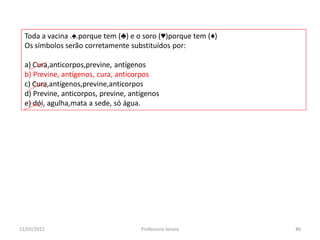 11/05/2015 Professora Ionara 86
Toda a vacina .♠.porque tem (♣) e o soro (♥)porque tem (♦)
Os símbolos serão corretamente substituídos por:
a) Cura,anticorpos,previne, antígenos
b) Previne, antígenos, cura, anticorpos
c) Cura,antígenos,previne,anticorpos
d) Previne, anticorpos, previne, antígenos
e) dói, agulha,mata a sede, só água.
 