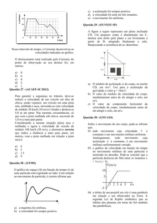Nesse intervalo de tempo, o Curiosity desenvolveu as
velocidades indicadas no gráfico.
O deslocamento total realizado pelo Curiosity do
ponto de observação ao seu destino foi, em
metros,
a) 9.
b) 6.
c) 4.
d) 2.
e) 1.
Questão 27 - (ACAFE SC/2012)
Para garantir a segurança no trânsito, deve-se
reduzir a velocidade de um veículo em dias de
chuva, senão vejamos: um veículo em uma pista
reta, asfaltada e seca, movendo-se com velocidade
de módulo 36 km/h (10 m/s) é freado e desloca-se
5,0 m até parar. Nas mesmas circunstâncias, só
que com a pista molhada sob chuva, necessita de
1,0 m a mais para parar.
Considerando a mesma situação (pista seca e
molhada) e agora a velocidade do veículo de
módulo 108 km/h (30 m/s), a alternativa correta
que indica a distância a mais para parar, em
metros, com a pista molhada em relação a pista
seca é:
a) 6
b) 2
c) 1,5
d) 9
Questão 28 - (UFMS)
O gráfico do espaço (S) em função do tempo (t) de
uma partícula está registrado ao lado. Com relação
ao movimento da partícula, é correto afirmar que
a) a trajetória foi retilínea.
b) a velocidade foi sempre positiva.
c) a aceleração foi sempre positiva.
d) a velocidade foi nula em três instantes.
e) o movimento foi uniforme.
Questão 29 - (FUVEST SP)
A figura a seguir representa um plano inclinado
CD. Um pequeno corpo é abandonado em C,
desliza sem atrito pelo plano e cai livremente a
partir de D, atingindo finalmente o solo.
Desprezando a resistência do ar, determine:
3 m
3 m
4 m
C
D
a) O módulo da aceleração  do corpo, no trecho
CD, em m/s2
. Use para a aceleração da
gravidade o valor g = 10m/s2
.
b) O valor do módulo da velocidade do corpo,
imediatamente antes de ele atingir o solo, em
m/s.
c) O valor da componente horizontal da
velocidade do corpo, imediatamente antes de
ele atingir o solo, em m/s.
Questão 30 - (UFG GO)
Sobre o movimento de um corpo, pode-se afirmar
que:
01. todo movimento cuja velocidade V

é
constante é um movimento retilíneo uniforme.
Analogamente, todo movimento cuja
aceleração A

é constante, é um movimento
retilíneo uniformemente variado;
02. o gráfico da velocidade em função do tempo
no movimento retilíneo de uma partícula é
mostrado no desenho. Pode-se concluir que a
partícula deslocou de 30m entre os instantes t1
= 1s e t2 = 5s;
1 2 3 4
5
5
-5 -
-
-
-10
-
-
-
-
V(m/s)
t(s)
04. a órbita de um projétil em vôo é uma parábola
em relação a um observador na Terra. A
segunda Lei de Kepler estabelece que as
órbitas dos planetas em torno do Sol também
são parabólicas;
 