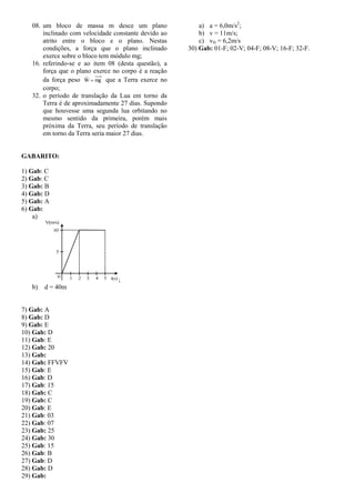 08. um bloco de massa m desce um plano
inclinado com velocidade constante devido ao
atrito entre o bloco e o plano. Nestas
condições, a força que o plano inclinado
exerce sobre o bloco tem módulo mg;
16. referindo-se e ao item 08 (desta questão), a
força que o plano exerce no corpo é a reação
da força peso mgW 

que a Terra exerce no
corpo;
32. o período de translação da Lua em torno da
Terra é de aproximadamente 27 dias. Supondo
que houvesse uma segunda lua orbitando no
mesmo sentido da primeira, porém mais
próxima da Terra, seu período de translação
em torno da Terra seria maior 27 dias.
GABARITO:
1) Gab: C
2) Gab: C
3) Gab: B
4) Gab: D
5) Gab: A
6) Gab:
a)
V(m/s)
t(s)
10
5
0 1 2 3 4 5 ;
b) d = 40m
7) Gab: A
8) Gab: D
9) Gab: E
10) Gab: D
11) Gab: E
12) Gab: 20
13) Gab:
14) Gab: FFVFV
15) Gab: E
16) Gab: D
17) Gab: 15
18) Gab: C
19) Gab: C
20) Gab: E
21) Gab: 03
22) Gab: 07
23) Gab: 25
24) Gab: 30
25) Gab: 15
26) Gab: B
27) Gab: D
28) Gab: D
29) Gab:
a) a = 6,0m/s2
;
b) v = 11m/s;
c) vH = 6,2m/s
30) Gab: 01-F; 02-V; 04-F; 08-V; 16-F; 32-F.
 