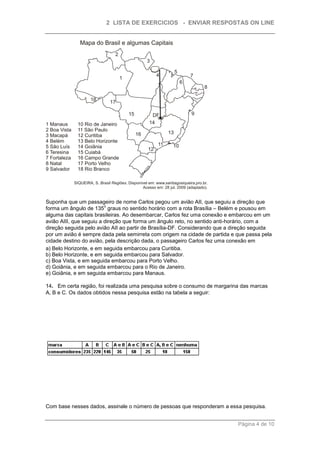 2 LISTA DE EXERCICIOS - ENVIAR RESPOSTAS ON LINE




Suponha que um passageiro de nome Carlos pegou um avião AII, que seguiu a direção que
                         o
forma um ângulo de 135 graus no sentido horário com a rota Brasília – Belém e pousou em
alguma das capitais brasileiras. Ao desembarcar, Carlos fez uma conexão e embarcou em um
avião AIII, que seguiu a direção que forma um ângulo reto, no sentido anti-horário, com a
direção seguida pelo avião AII ao partir de Brasília-DF. Considerando que a direção seguida
por um avião é sempre dada pela semirreta com origem na cidade de partida e que passa pela
cidade destino do avião, pela descrição dada, o passageiro Carlos fez uma conexão em
a) Belo Horizonte, e em seguida embarcou para Curitiba.
b) Belo Horizonte, e em seguida embarcou para Salvador.
c) Boa Vista, e em seguida embarcou para Porto Velho.
d) Goiânia, e em seguida embarcou para o Rio de Janeiro.
e) Goiânia, e em seguida embarcou para Manaus.

14. Em certa região, foi realizada uma pesquisa sobre o consumo de margarina das marcas
A, B e C. Os dados obtidos nessa pesquisa estão na tabela a seguir:




Com base nesses dados, assinale o número de pessoas que responderam a essa pesquisa.


                                                                             Página 4 de 10
 