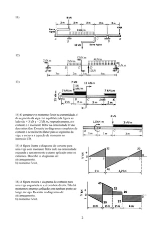 2
11)
12)
13)
14) O cortante e o momento fletor na extremidade A
do segmento da viga (em equilíbrio) da figura ao
lado são + 3 kN e – 2 kN.m, respectivamente, e o
cortante e o momento fletor na extremidade D são
desconhecidos. Desenhe os diagramas completos de
cortante e de momento fletor para o segmento da
viga, e escreva a equação de momento no
intervalo CD.
15) A figura ilustra o diagrama do cortante para
uma viga com momento fletor nulo na extremidade
esquerda e sem momento externo aplicado entre os
extremos. Desenhe os diagramas de:
a) carregamento;
b) momento fletor.
16) A figura mostra o diagrama do cortante para
uma viga engastada na extremidade direita. Não há
momentos externos aplicados em nenhum ponto ao
longo da viga. Desenhe os diagramas de:
a) carregamento;
b) momento fletor.
 
